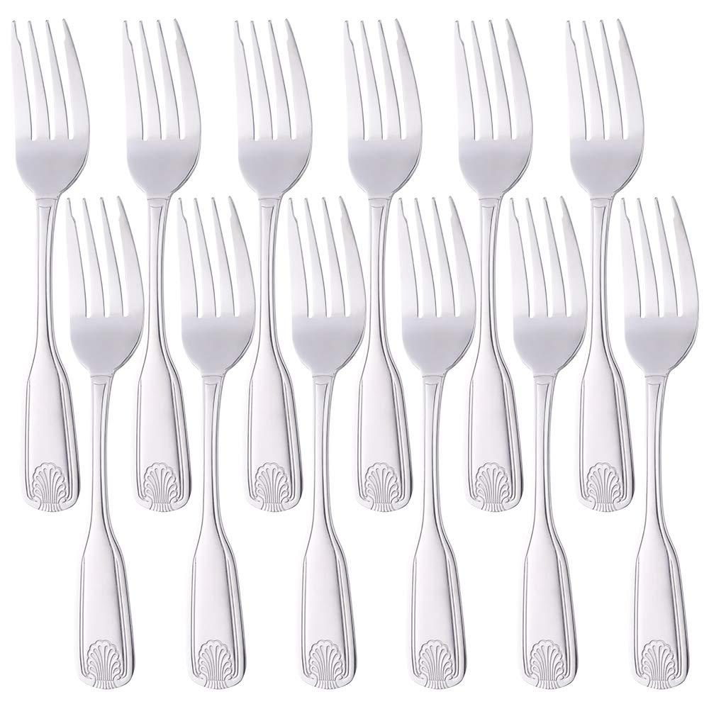 Premium 12-Piece Stainless Steel Salad Forks Set - Elegant Shell Pattern 18/0 Flatware, 6.7