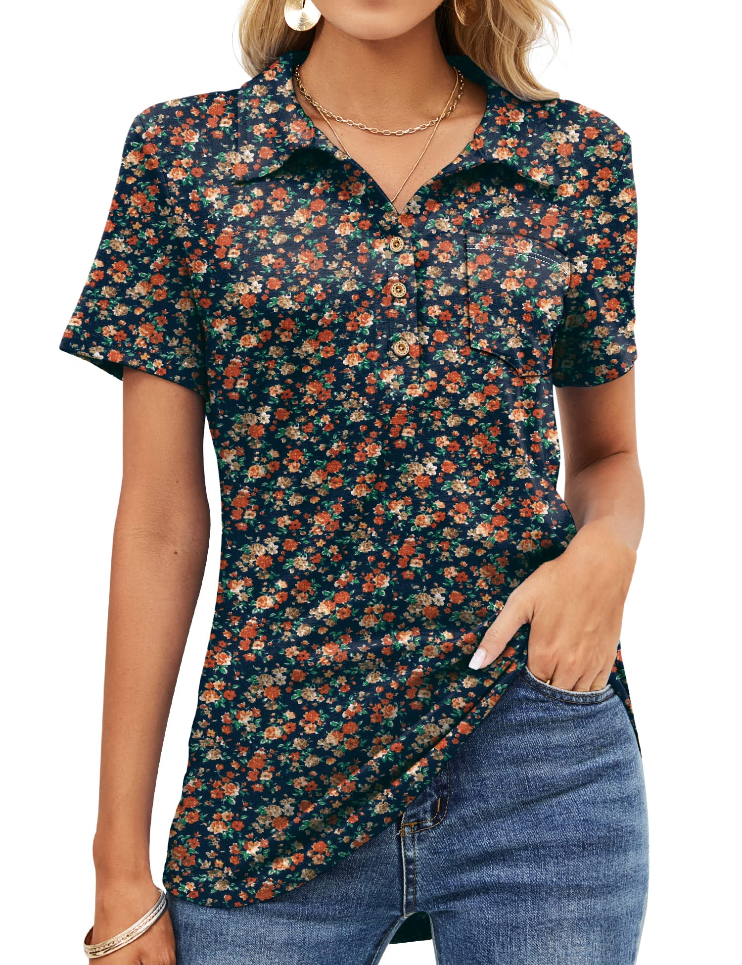 TFSDOD Women's Short Sleeve Polo Shirt - V-Neck Business Casual Button Down Tunic Top with Pocket for Office Work & Professional Wear | Perfect for Business Meetings, Office Outfits & Smart Casual Occasions