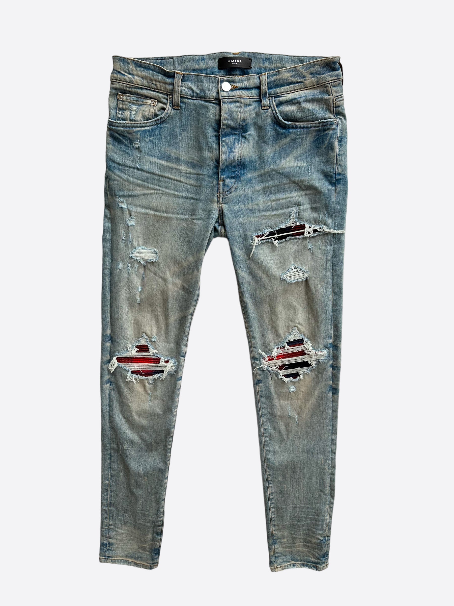 Amiri Blue & Red Plaid MX1 Distressed Jeans for Men - Vintage Ripped Denim Pants | Perfect for Casual Outfits, Streetwear & Night Out