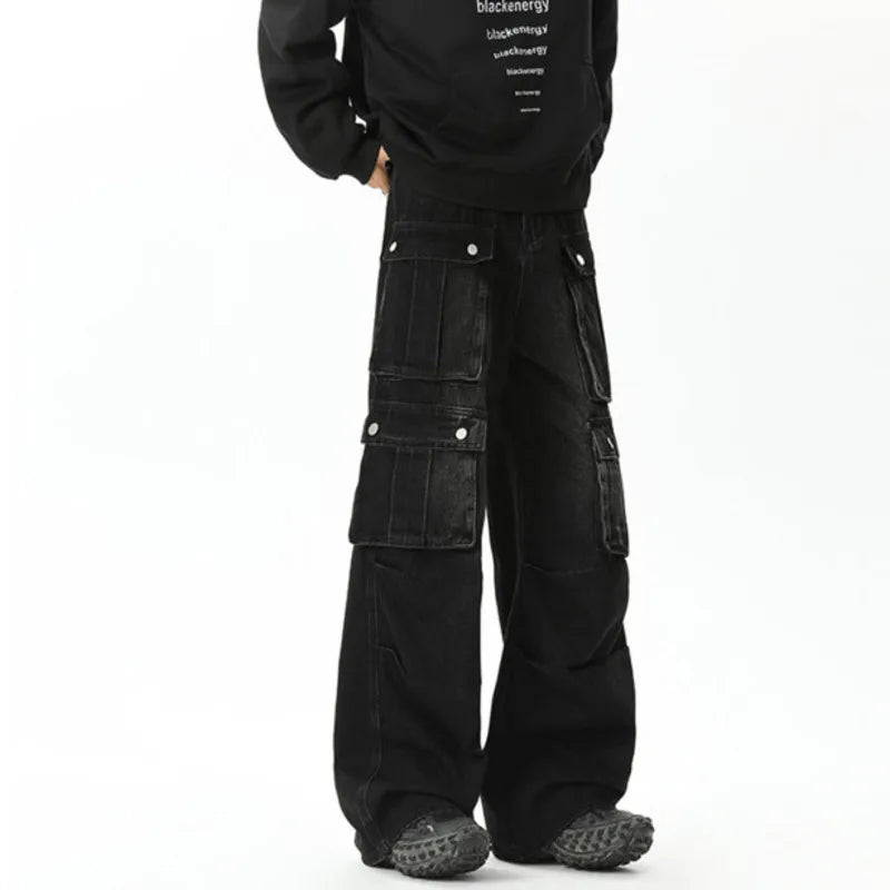 American Style Men's Black Denim Pants - High Street Multi-Pocket Workwear, Loose Straight Leg Trendy Jeans (9C9262) | Perfect for Casual Wear, Work & Street Fashion