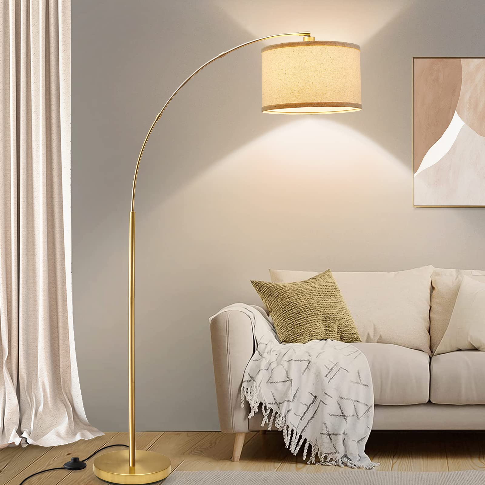 Modern Gold Arc Floor Lamp for Living Room - Adjustable Hanging Drum Shade with Tall Pole & Foot Switch - Over Couch Arched Reading Light for Bedroom, Office, Study - LED Bulb Not Included - Perfect for Cozy Reading Nooks & Contemporary Home Decor