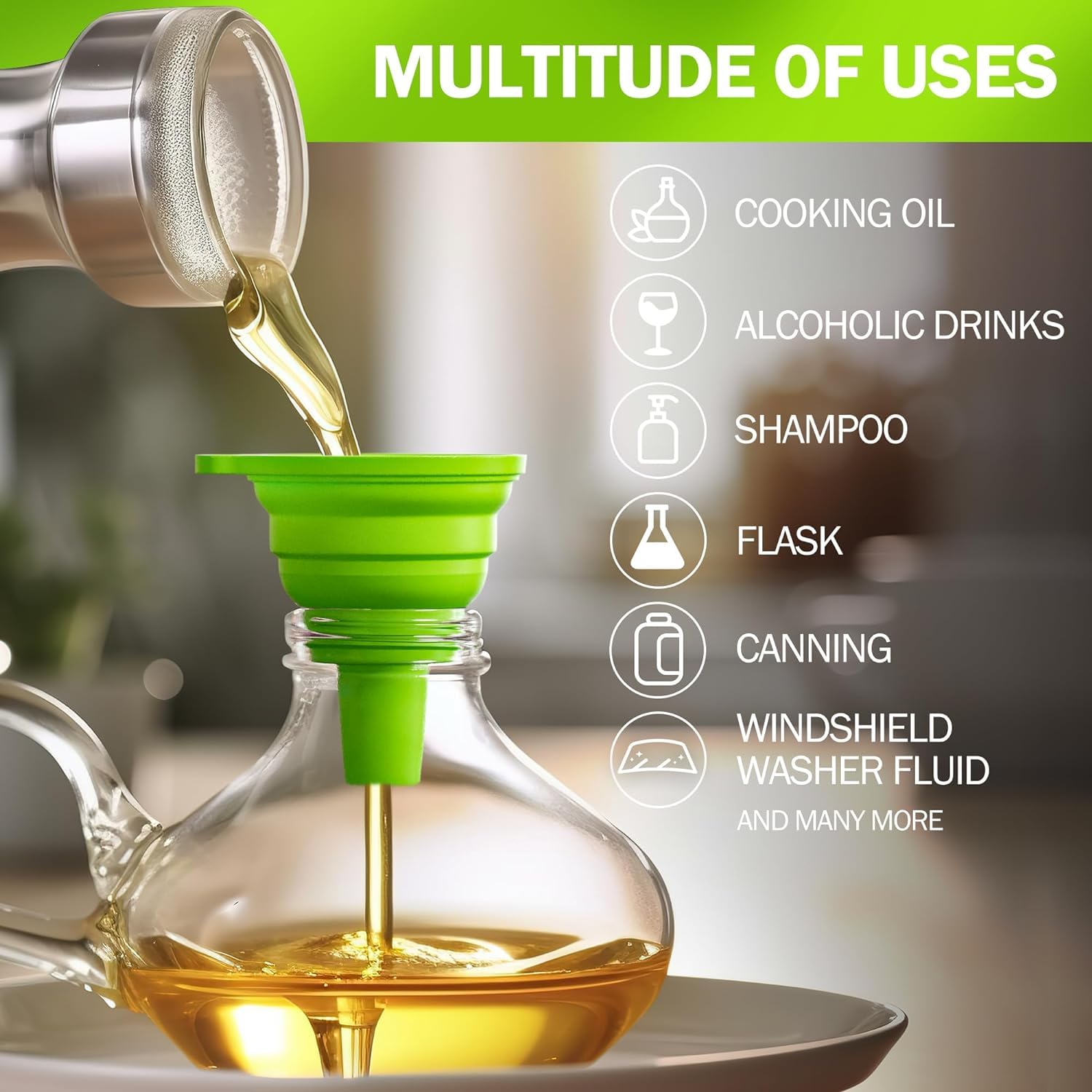 Heat Resistant Collapsible Silicone Funnel - Foldable Kitchen Funnel for Oil, Liquid, Syrup - Space Saving Bathroom & Cooking Essential (Pack of 2) - Perfect for Baking, DIY Projects & Home Organization