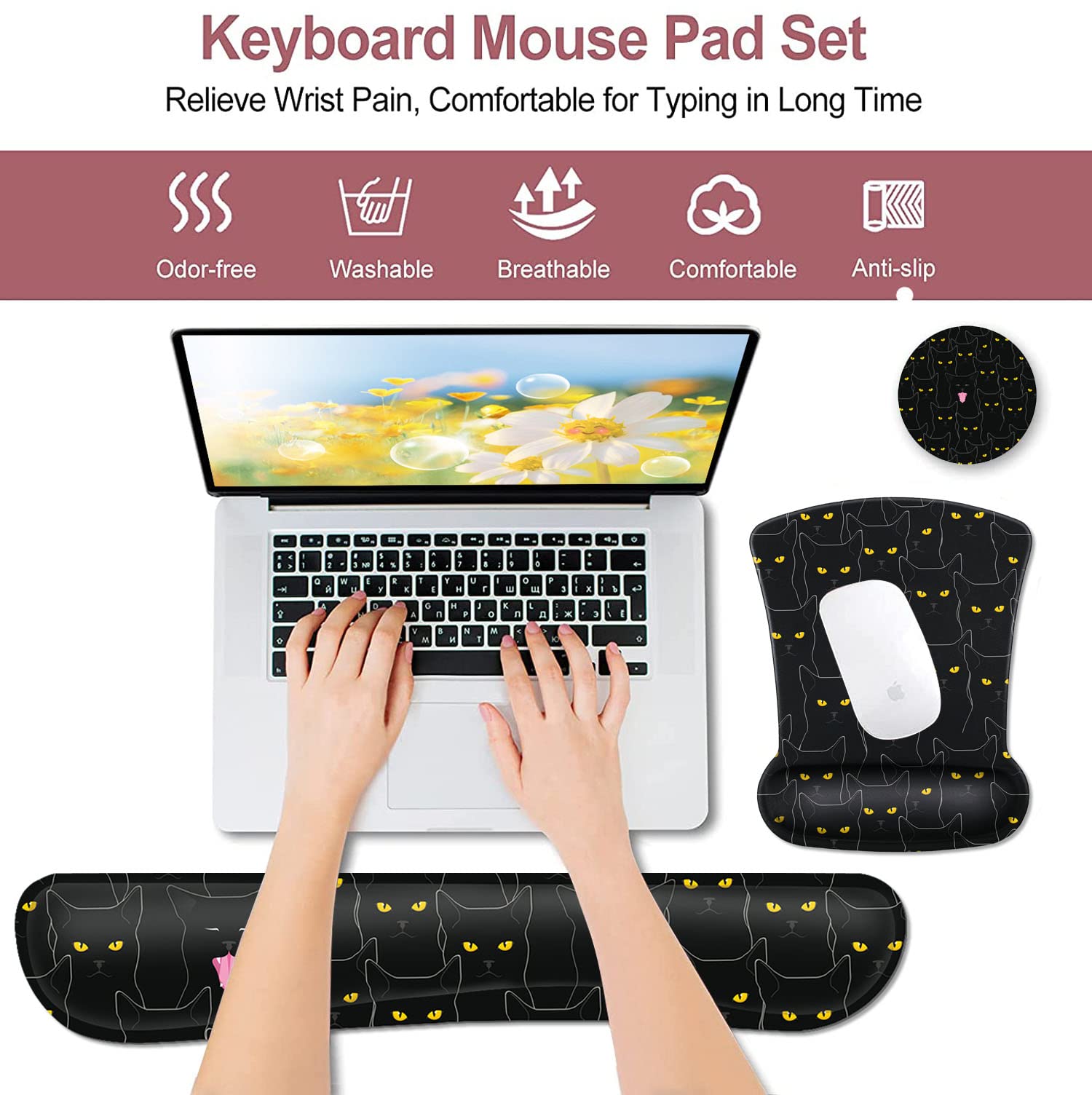 Ergonomic Black Mouse Pad with Wrist Guard & Keyboard Rest - Cute Cat Pattern Gel Mousepad for Computer, Laptop, Home Office & Gaming - Relieves Wrist Fatigue & Enhances Comfort During Long Work Sessions