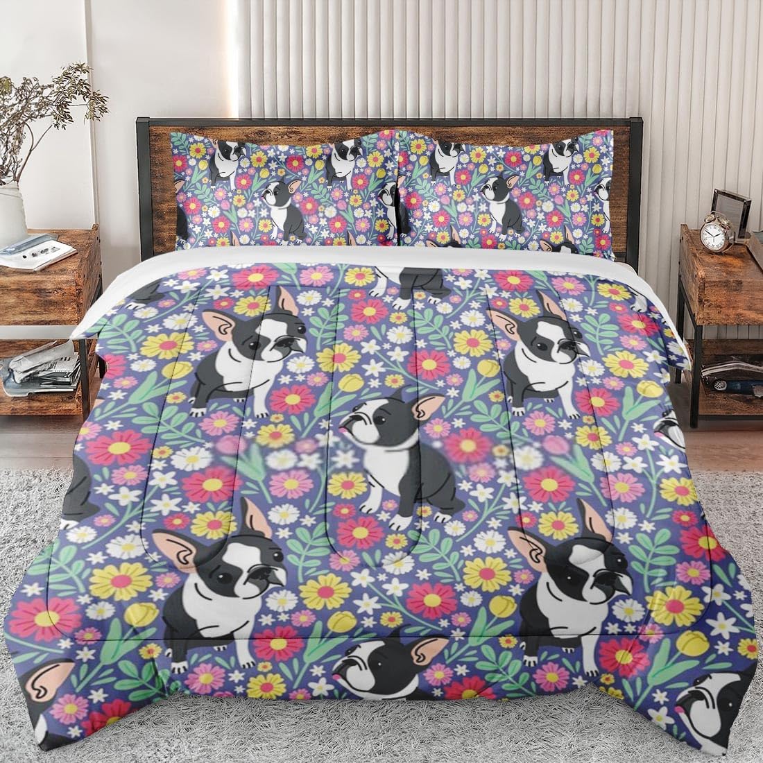 Queen Size Comforter Set with Cute French Bulldog & Floral Design - Soft Bedding for Kids & Adults, Includes 2 Pillowcases - Perfect for Bedroom Decor & Cozy Sleep
