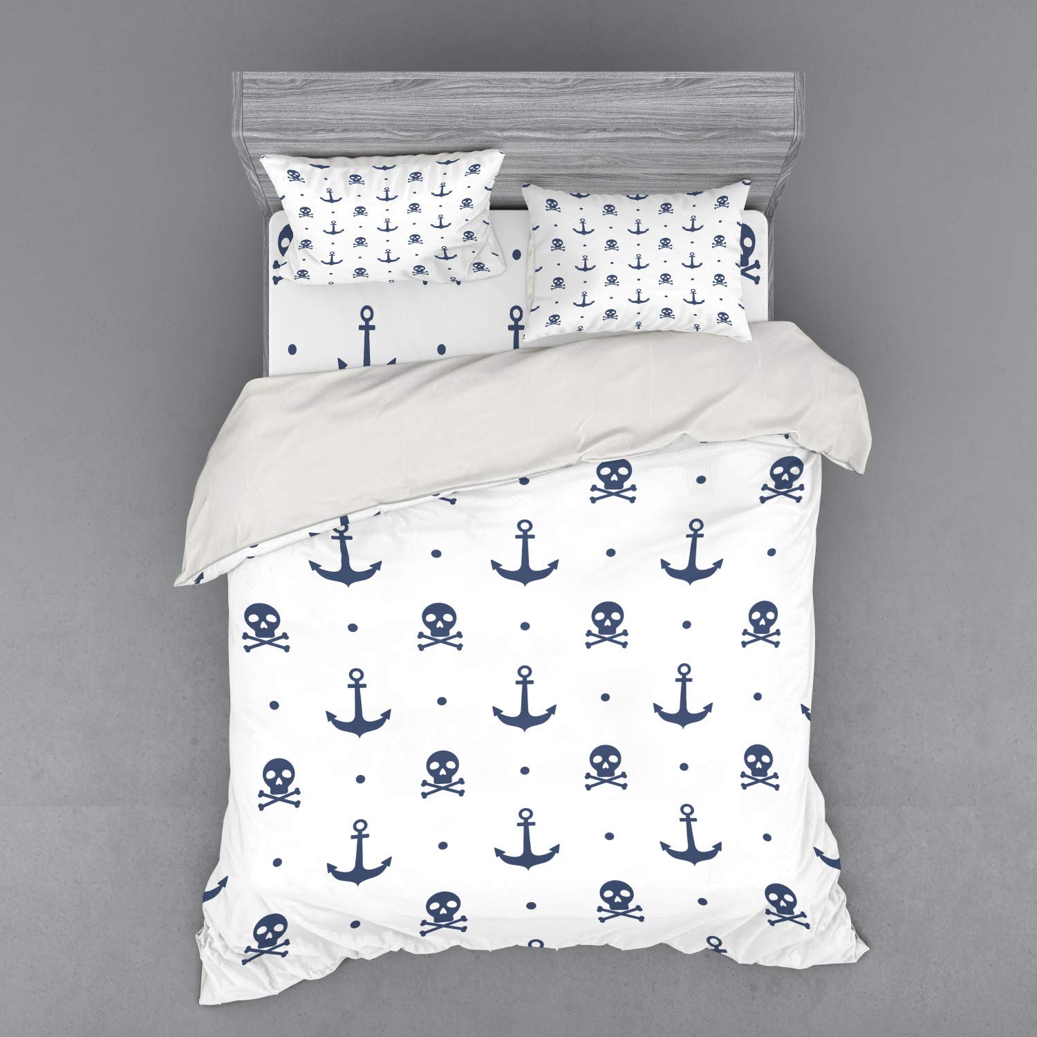 Ambesonne Anchor Bedding Set - Pirate Themed 4-Piece Duvet Cover with Shams & Fitted Sheet, Queen Size Navy Blue - Perfect for Nautical & Gothic Bedroom Decor