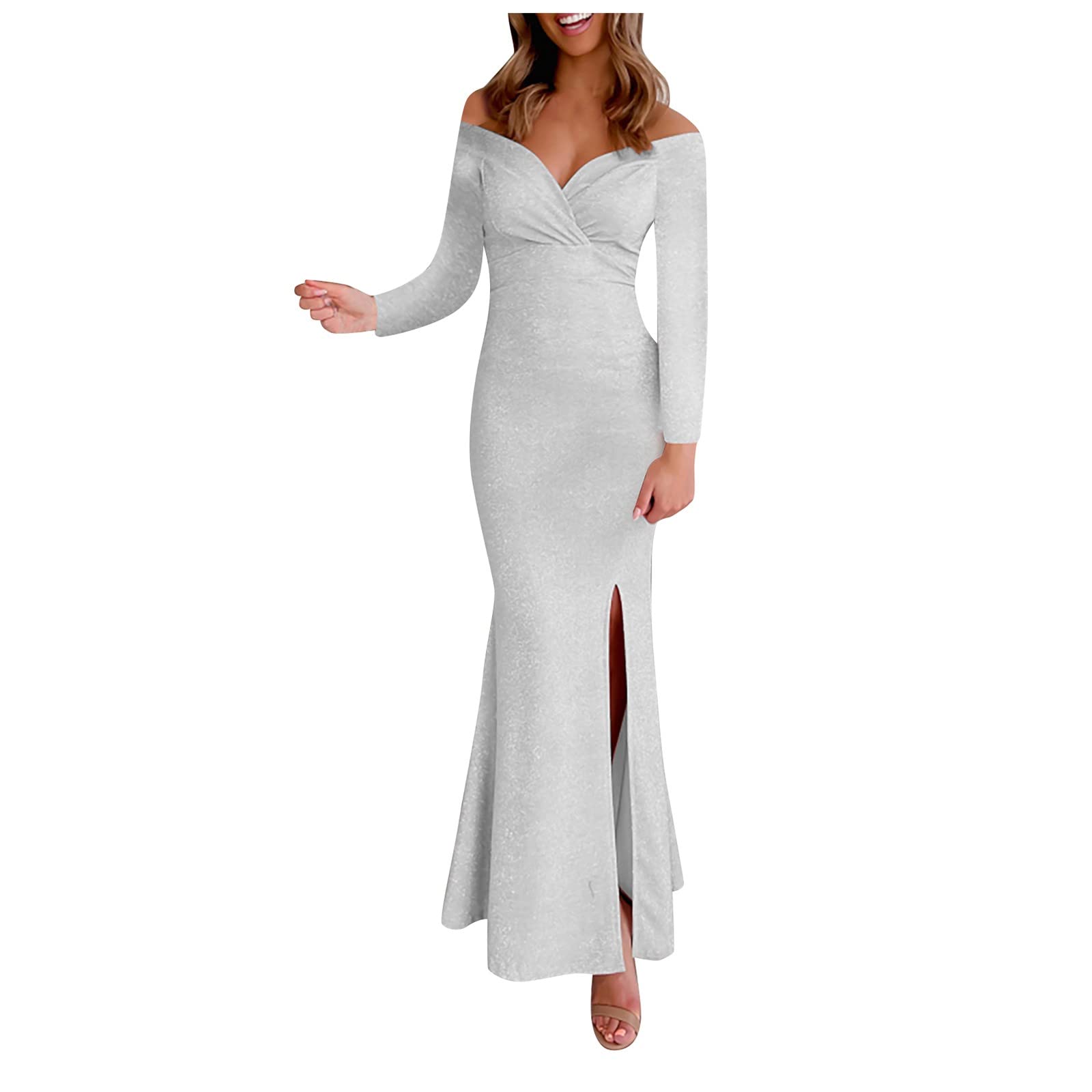 Women's Casual Solid Color Long Sleeve Maxi Dress with Pocket - Crewneck Loose Fit for Prom, Party & Everyday Wear