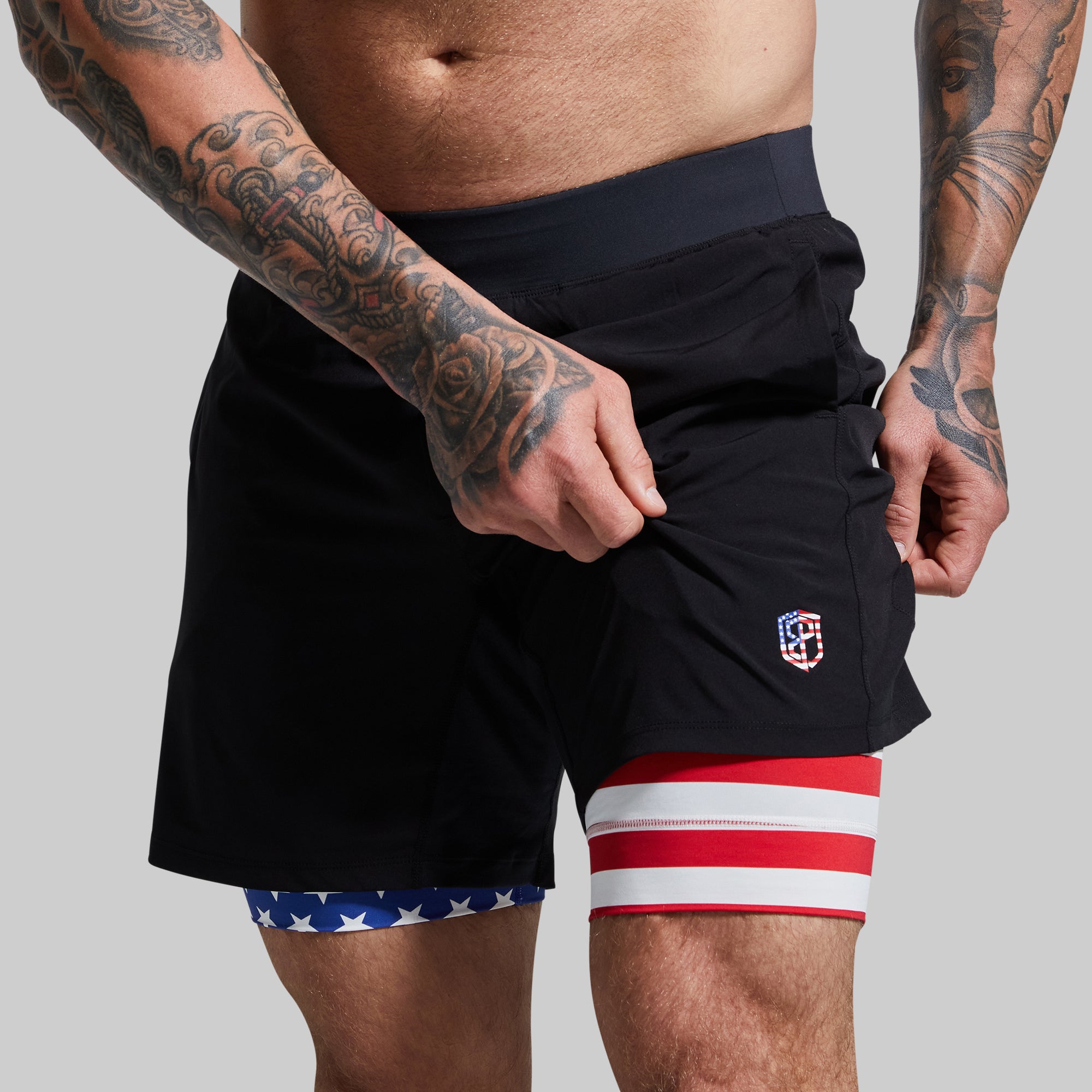 Versatile 7-Inch Compression Shorts for Men - Breathable & Moisture-Wicking Workout Shorts (Black Liberty) - Ideal for Running, Gym Training & Outdoor Sports