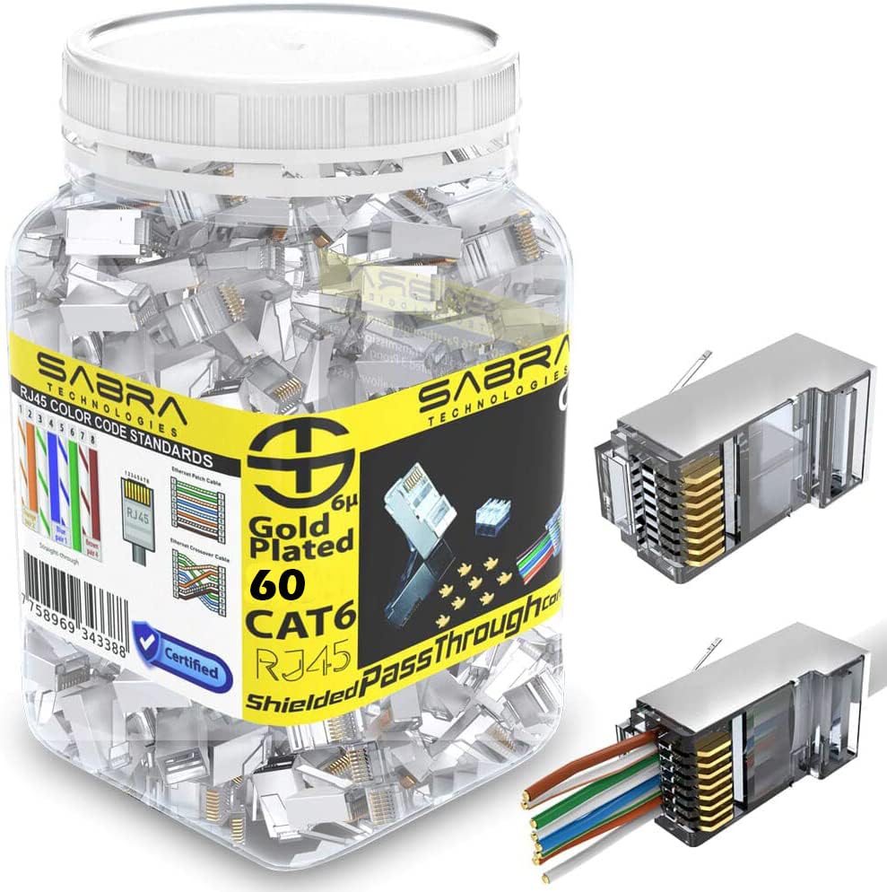 Sabra Technologies Gold Plated Shielded RJ45 Cat6/Cat6a Ethernet Connectors - 23AWG Pass Through Modular Plugs (60 Pack) for High-Speed Networking, Gaming, and Office Use