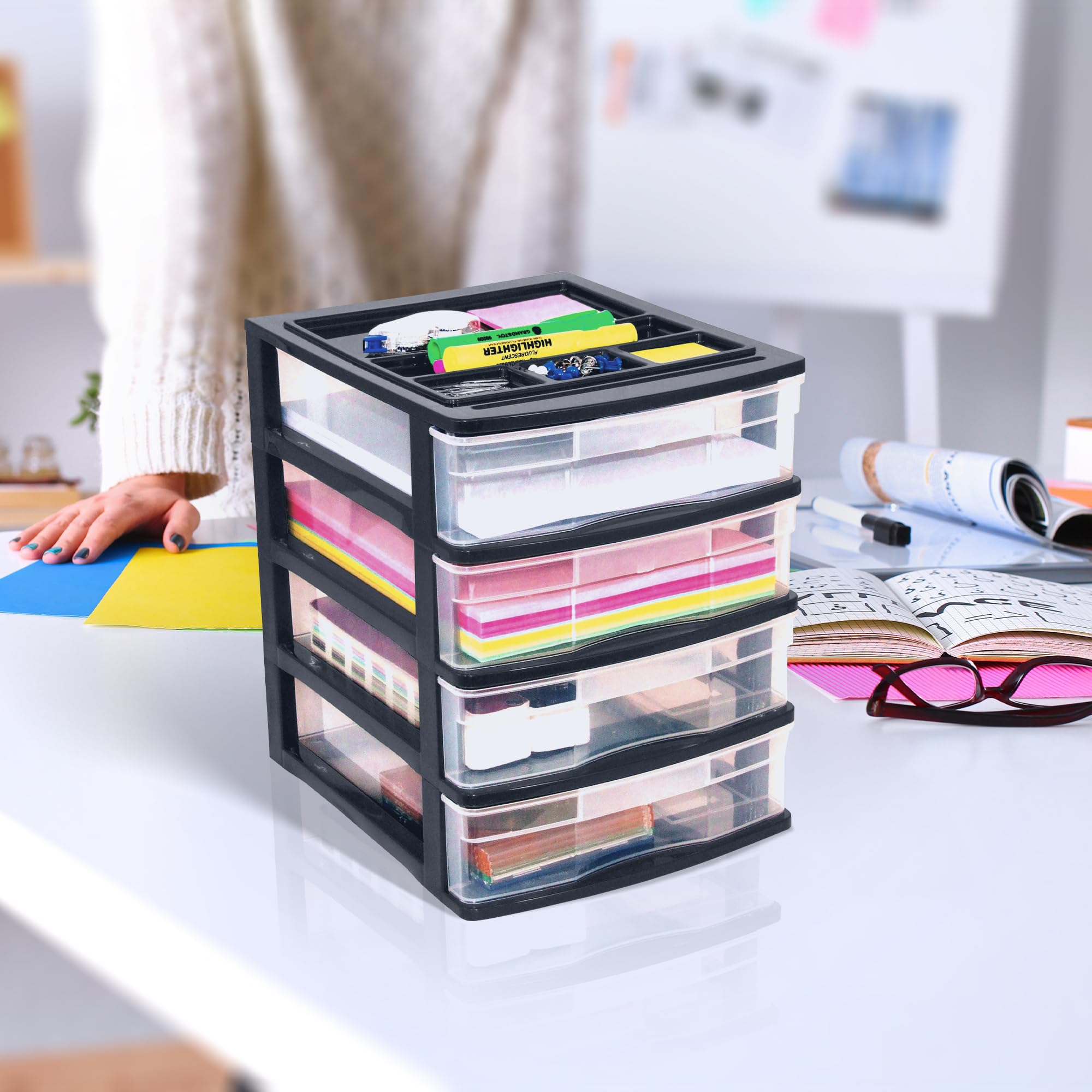 Gracious Living 4-Drawer Desktop Organizer - Black/Clear Storage Box for Office, School & Craft Supplies (4-Pack) | Perfect for Desk Organization, Classroom Storage & Craft Room Accessories