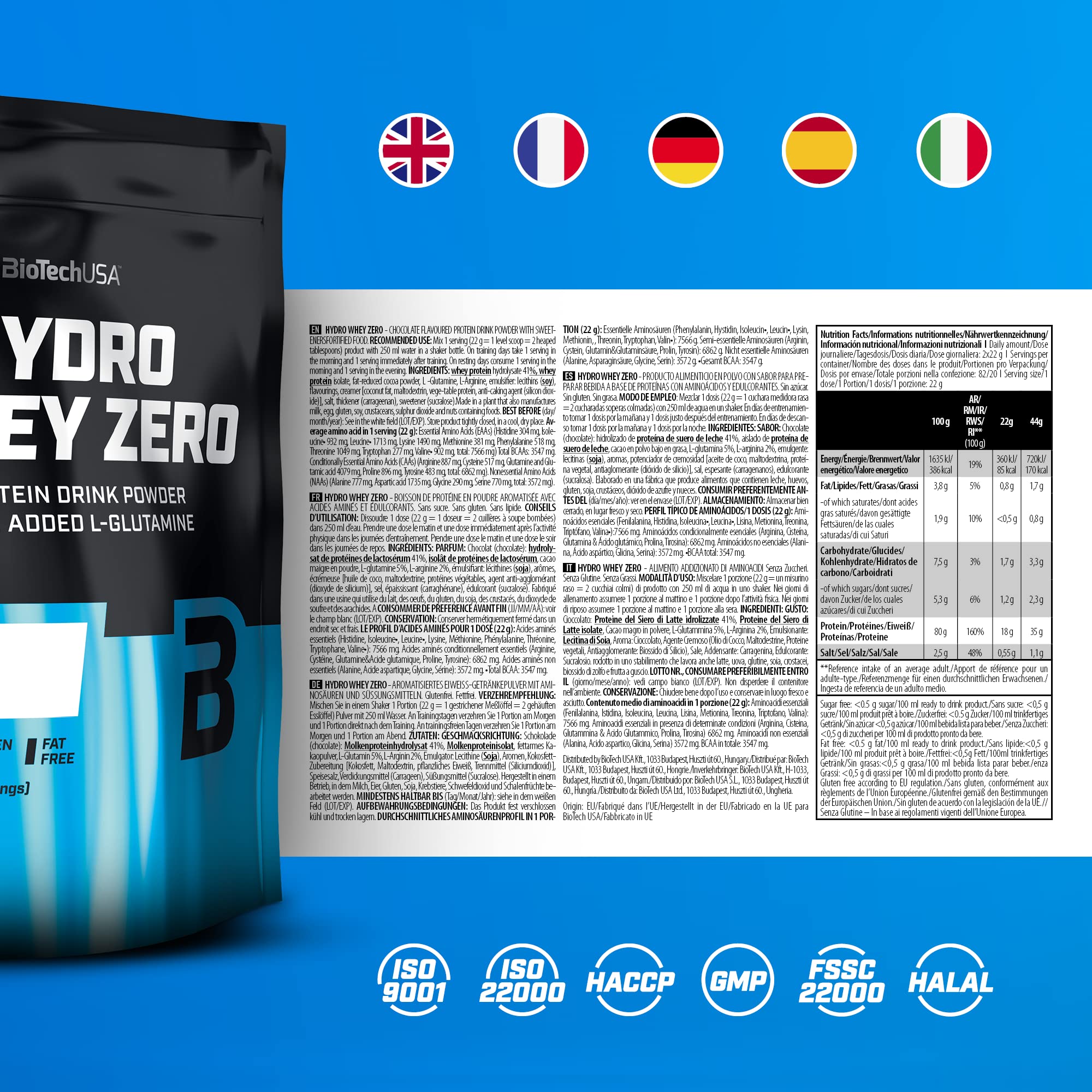 BioTechUSA Hydro Whey Zero Protein Powder - Gluten Free, Sugar Free, Fat Free | 80% Protein Content | Fast Absorption | Whey Protein Complex, 454g, Chocolate Flavor - Perfect for Post-Workout Recovery & Muscle Building
