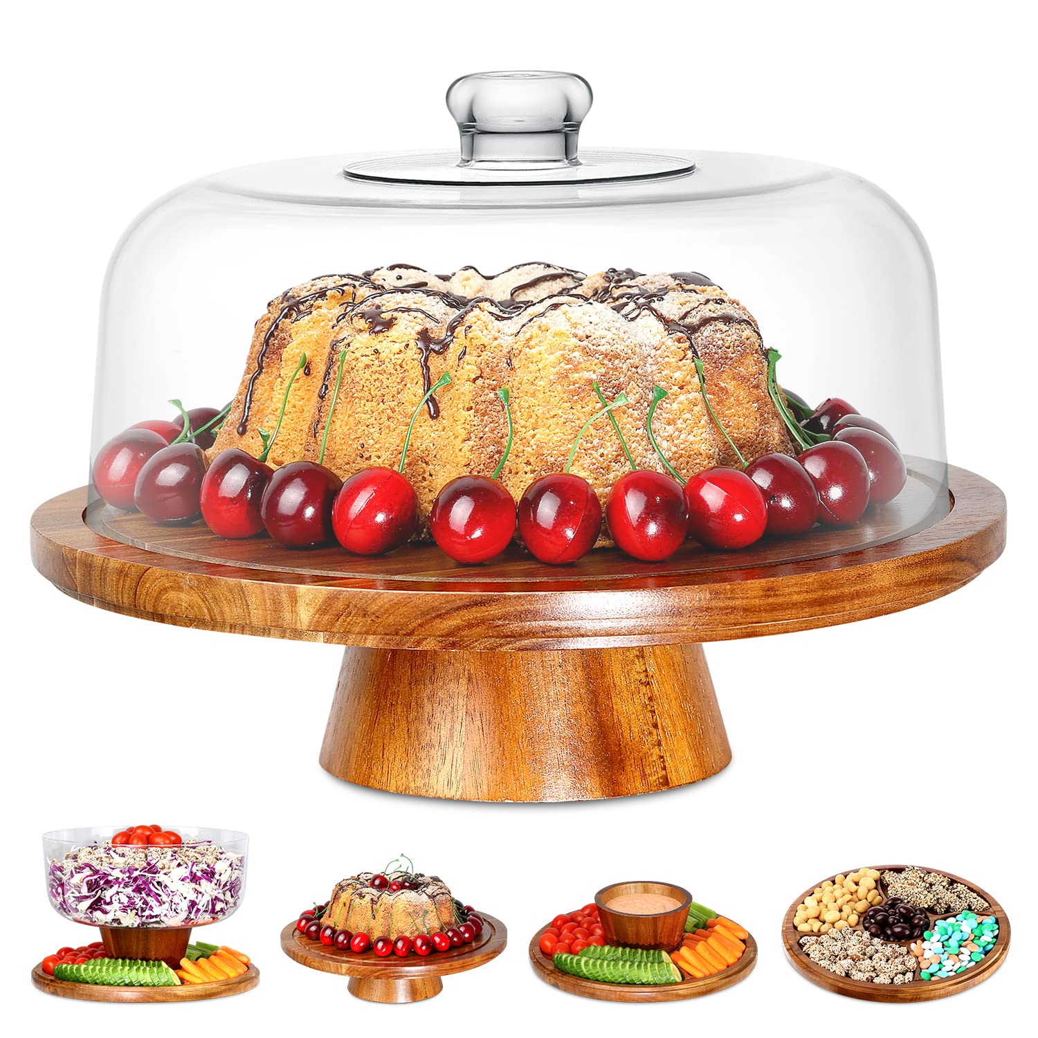 Homeries 6-in-1 Acacia Wood Cake Stand with Lid - Multi-Functional Serving Platter & Display Stand for Cakes, Desserts, Pastries - Perfect for Weddings, Parties, Bakery Display & Home Kitchen Decor