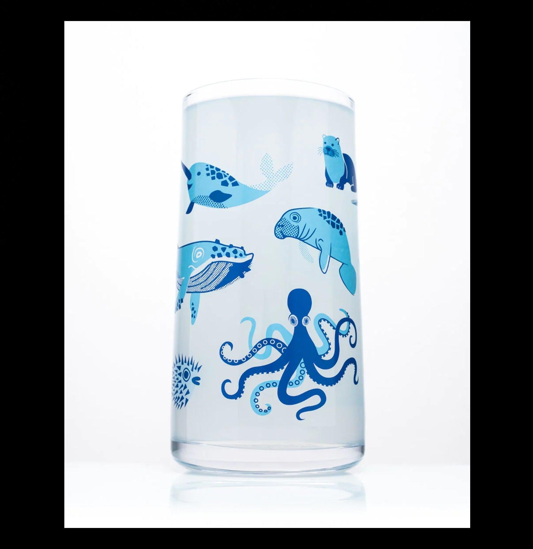 Vintage Ocean Theme Drinking Glasses - Set of 4 Sea Animal Printed Cups for Juice, Cocktails & Home Decor | Perfect for Beach Parties, Nautical Weddings & Coastal Home Decor