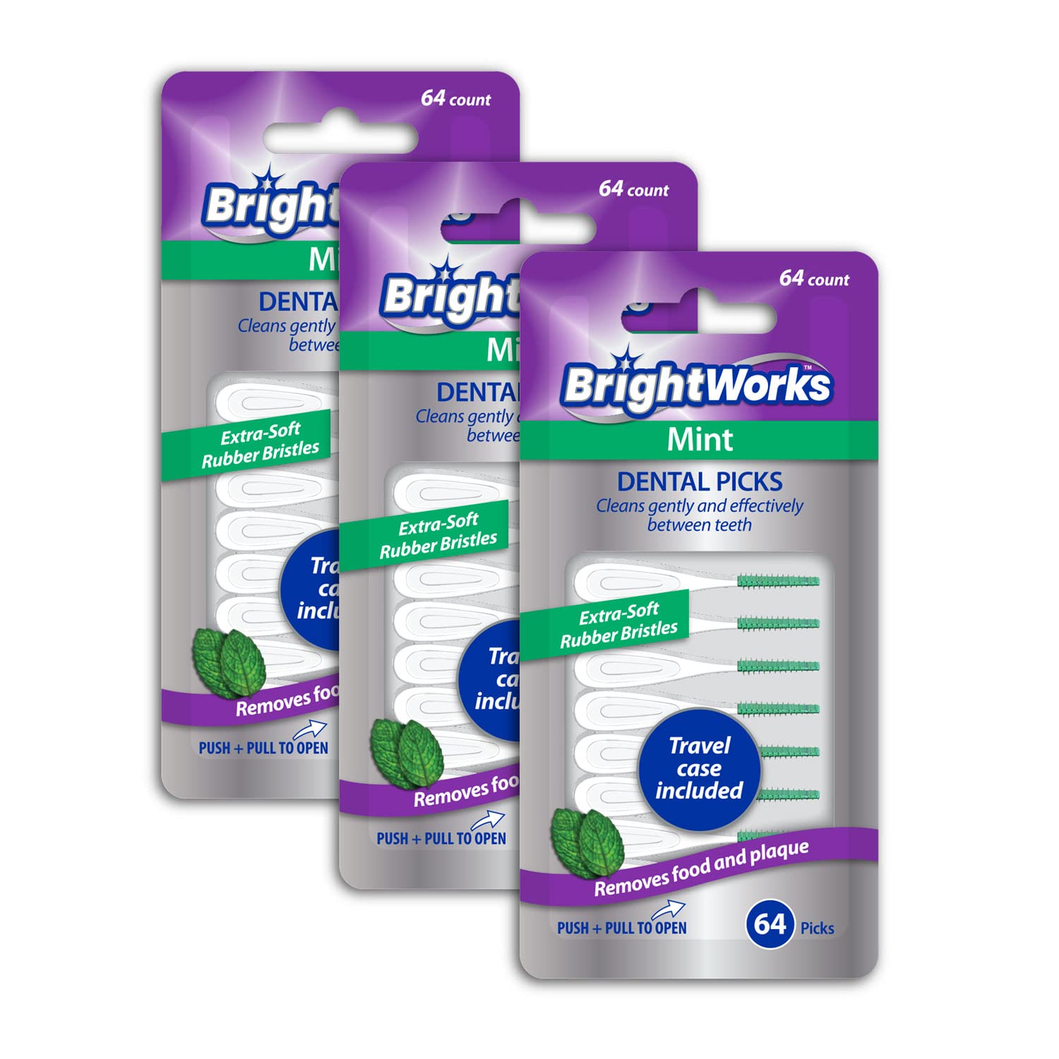 Premium Mint Dental Picks with Extra Soft Rubber Bristles & Flexible Tip - Gentle Effective Teeth Cleaning for Braces, Gums & Tight Spaces - Includes Travel Case (3 Packs, 192 Count Total) - Perfect for Travel, Home & Office Oral Care