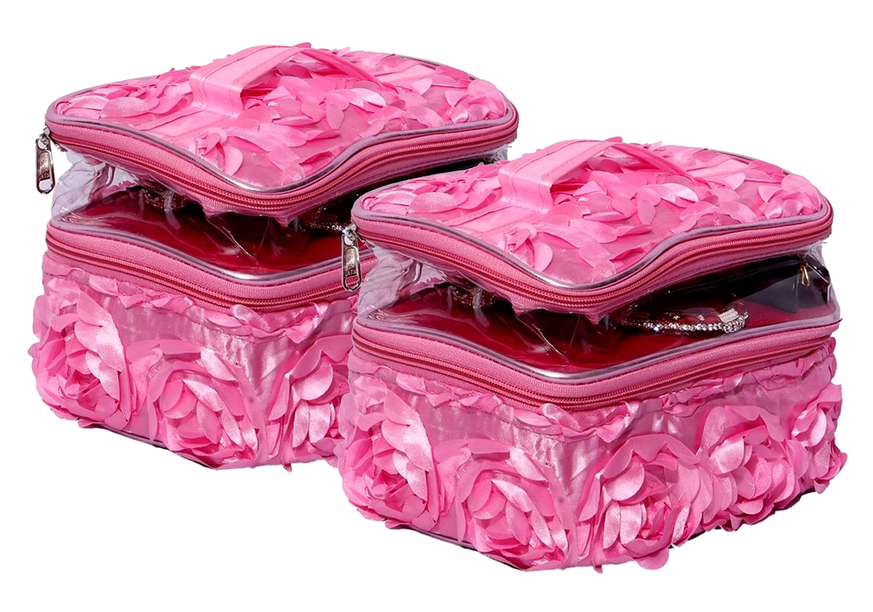Kuber Industries Double Layer Cosmetic Bag with Floral Design - Travel Toiletry & Makeup Organizer (2 Pack, Pink) - Perfect for Travel, Gym, and Daily Beauty Storage
