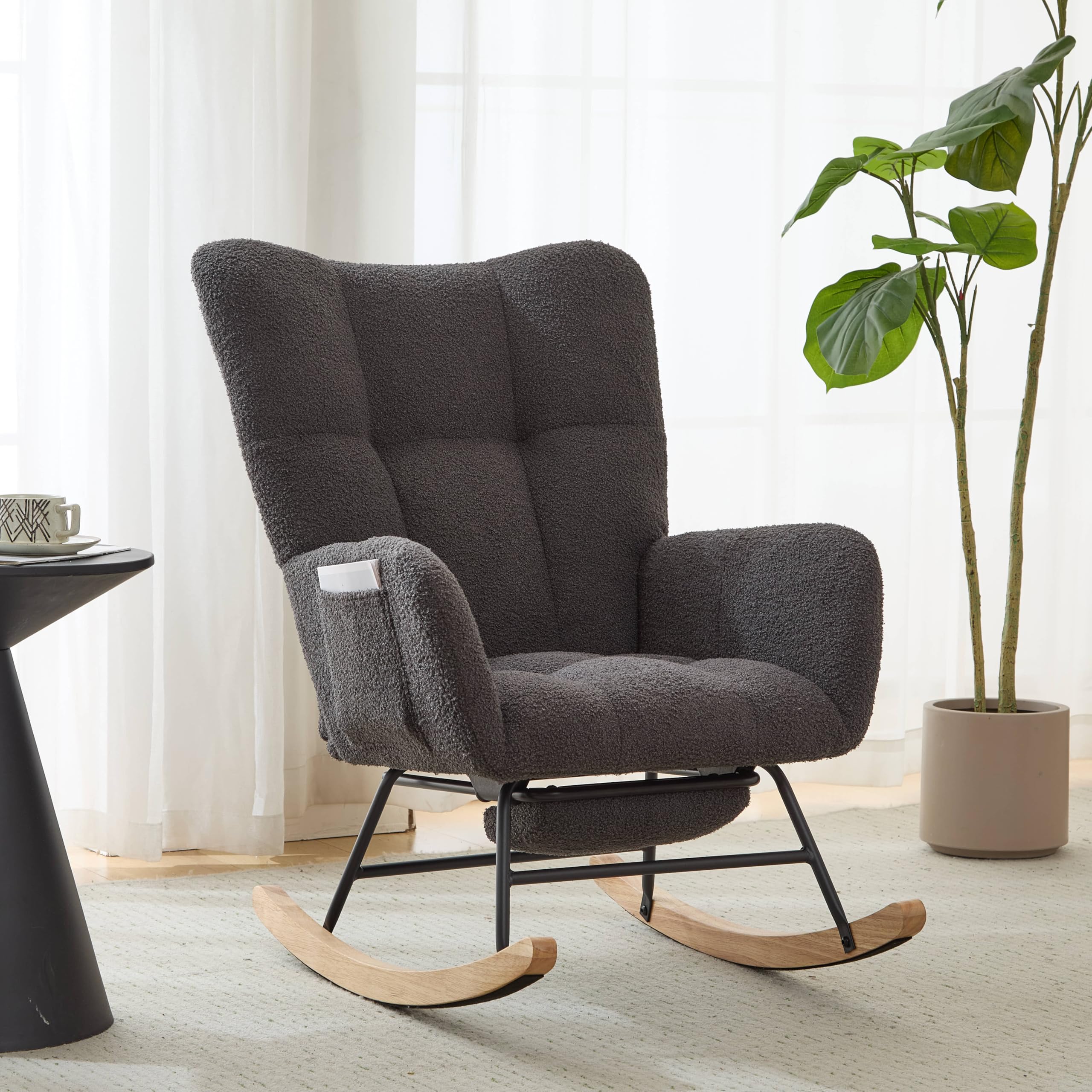 Comfy Teddy Upholstered Glider Rocking Chair with Footrest & High Backrest - Nursery Rocker with Side Pocket for Living Room, Bedroom, Office (Large Grey) | Perfect for Nursing, Reading & Relaxing