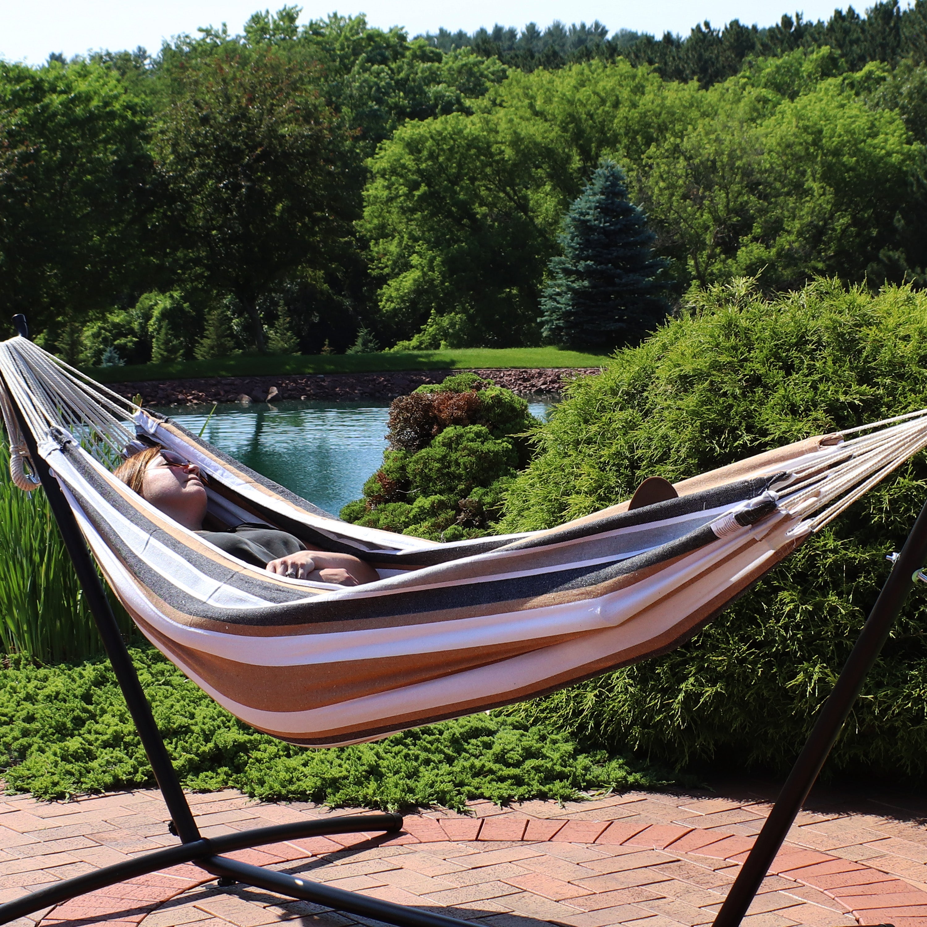 Sunnydaze 2-Person Brazilian Double Hammock with Steel Stand - Portable Outdoor Hammock for Backyard, Camping & Beach Relaxation
