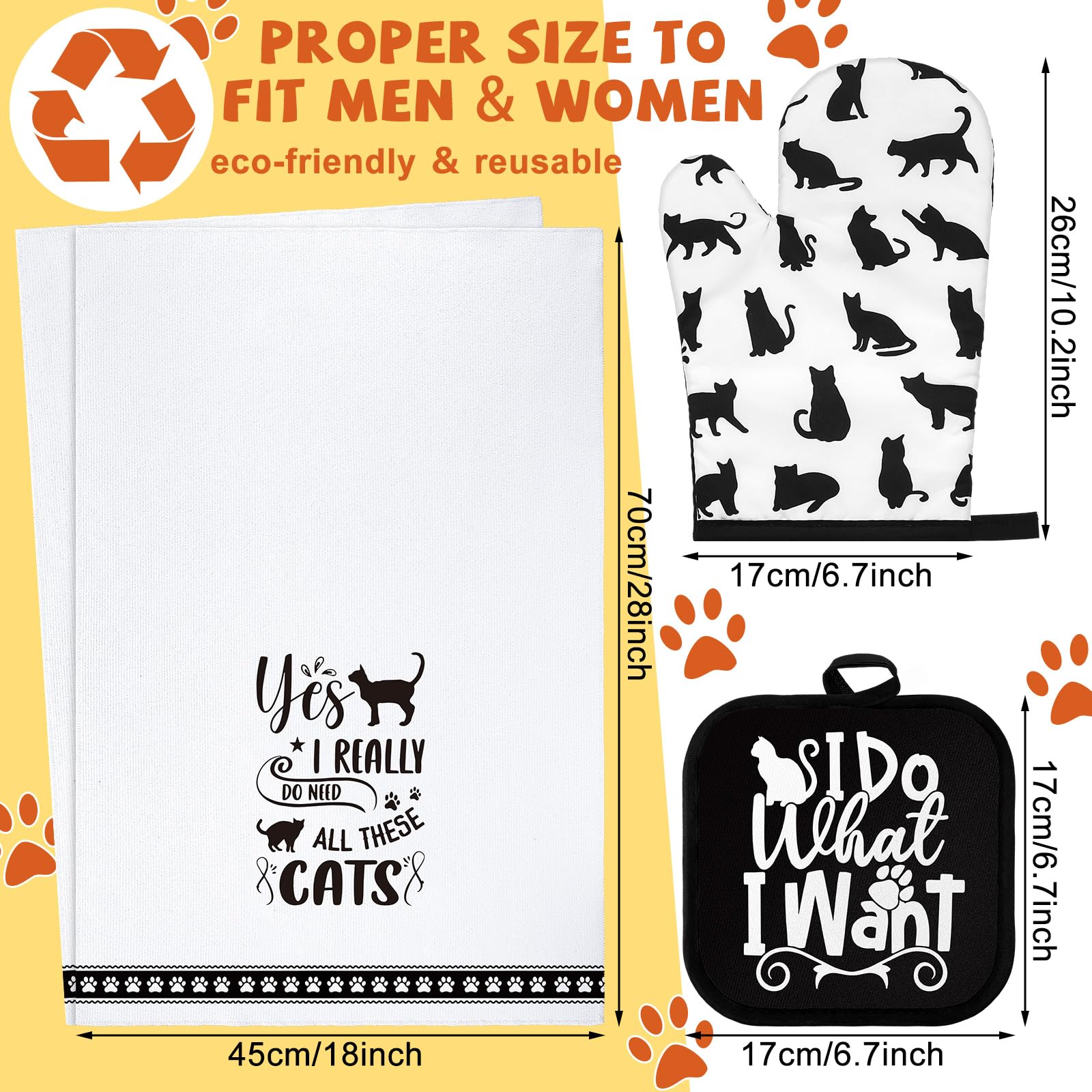 Premium 4-Piece Kitchen Set - Dish Towels, Pot Holders & Oven Mitts for Baking - Cat Lover Theme - Black & White Cotton Kitchen Accessories - Perfect for Home Cooking, Holiday Gifts & Kitchen Decor
