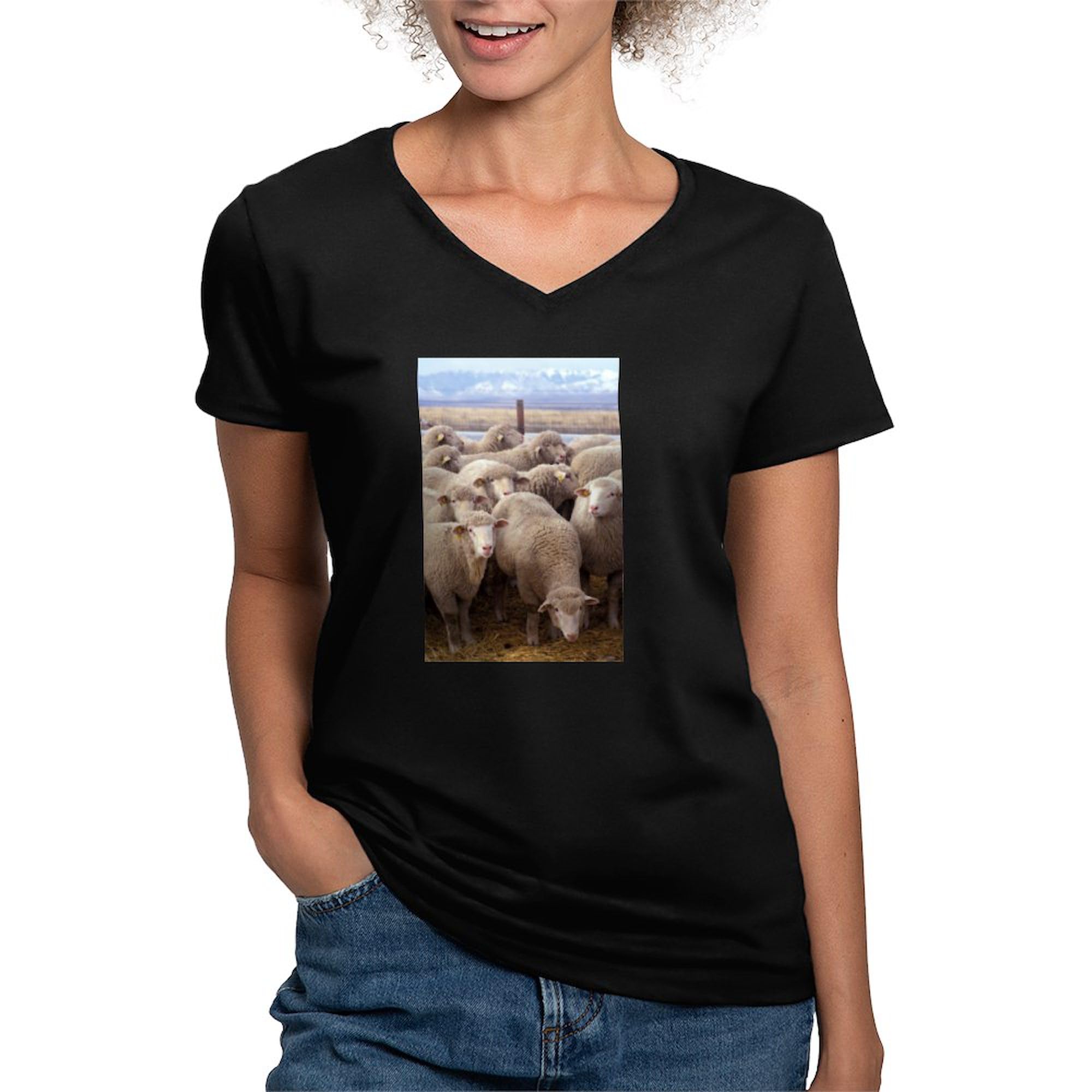 Women's Cotton V-Neck T-Shirt - Sheep Herd Graphic Tee by CafePress | Soft Casual Shirt for Everyday Wear, Weekend Outfits & Gift Giving