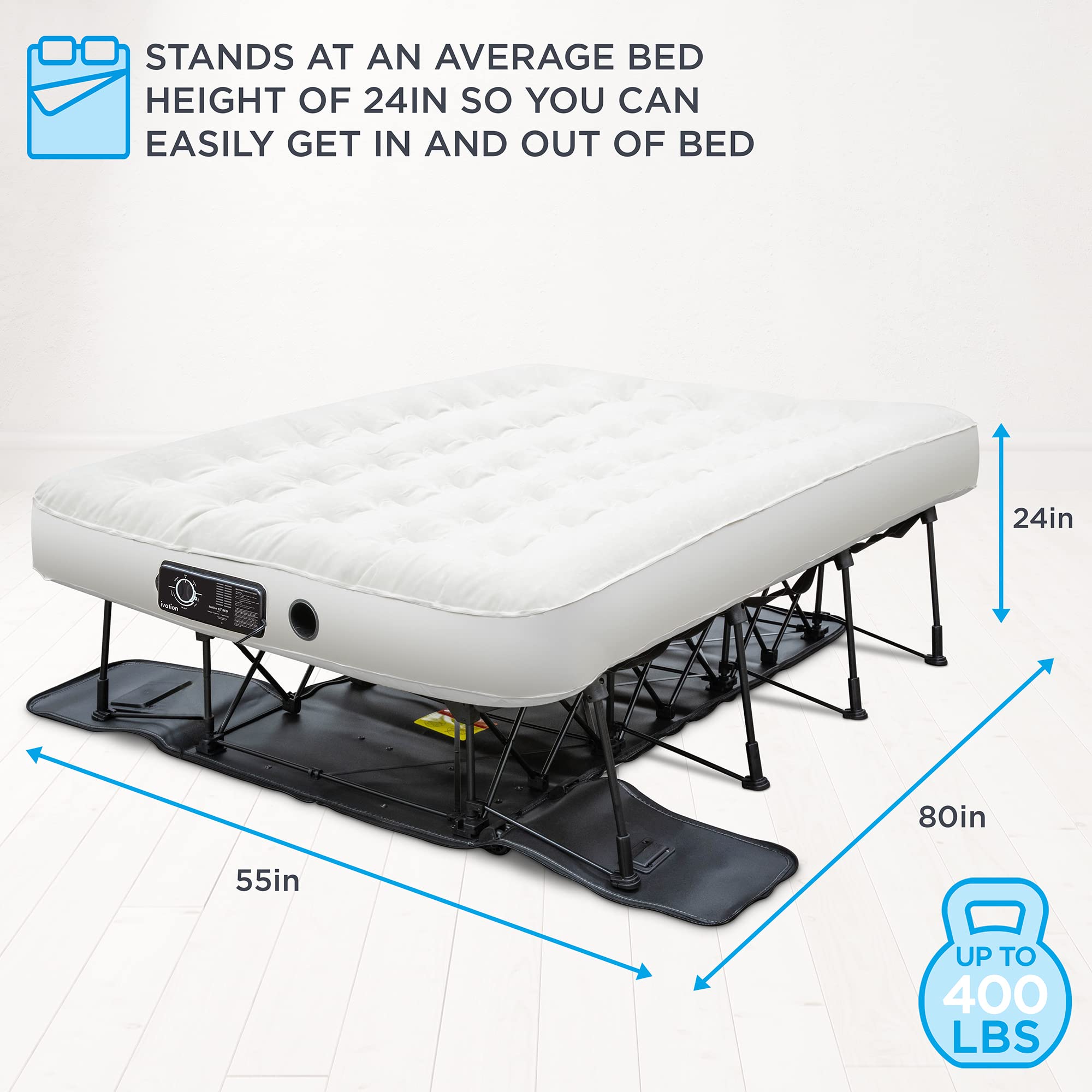 Ivation EZ-Bed Full Size Air Mattress with Deflate Defender™ Technology - Dual Comfort Pump & Reinforced Dual Layer for Home, Camping & Travel - Includes AirBed Frame & Rolling Storage Case
