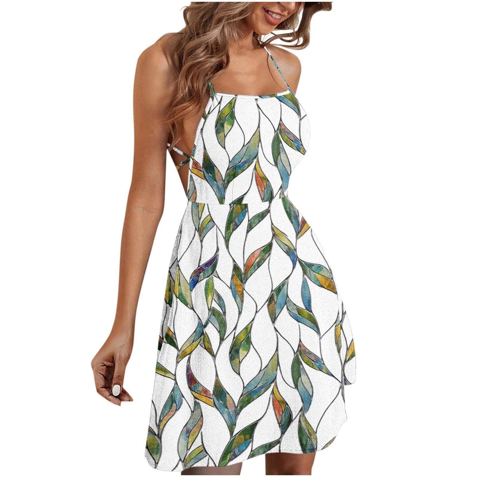 Women's Feather Print Spaghetti Strap Backless Beach Dress - Summer Casual A-Line Sundress for Vacation, Pool Party & Boho Outfit