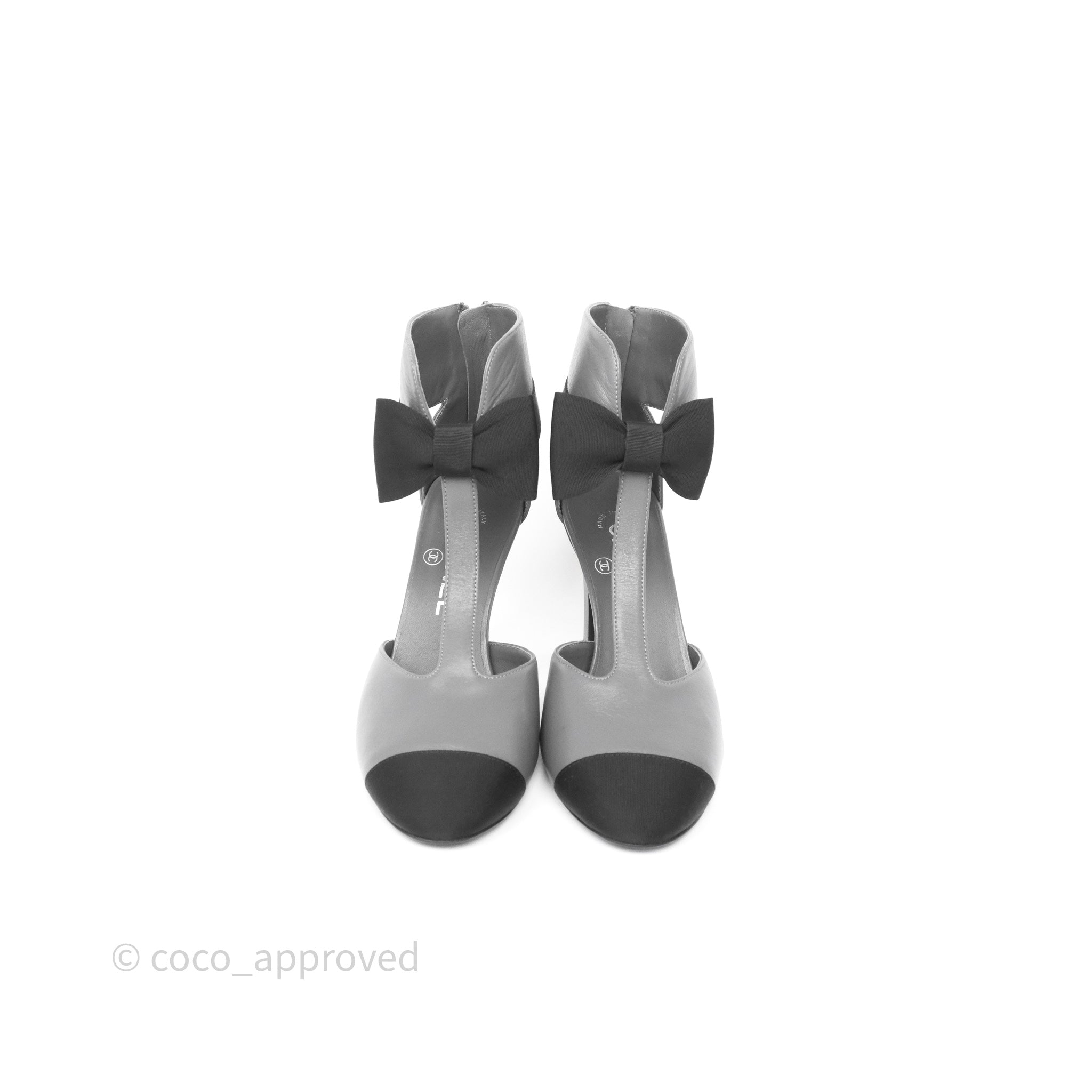 Chanel Cap Toe Bow Ankle Strap Sandals - Grey & Black Lambskin Leather - Perfect for Summer Weddings & Evening Events
