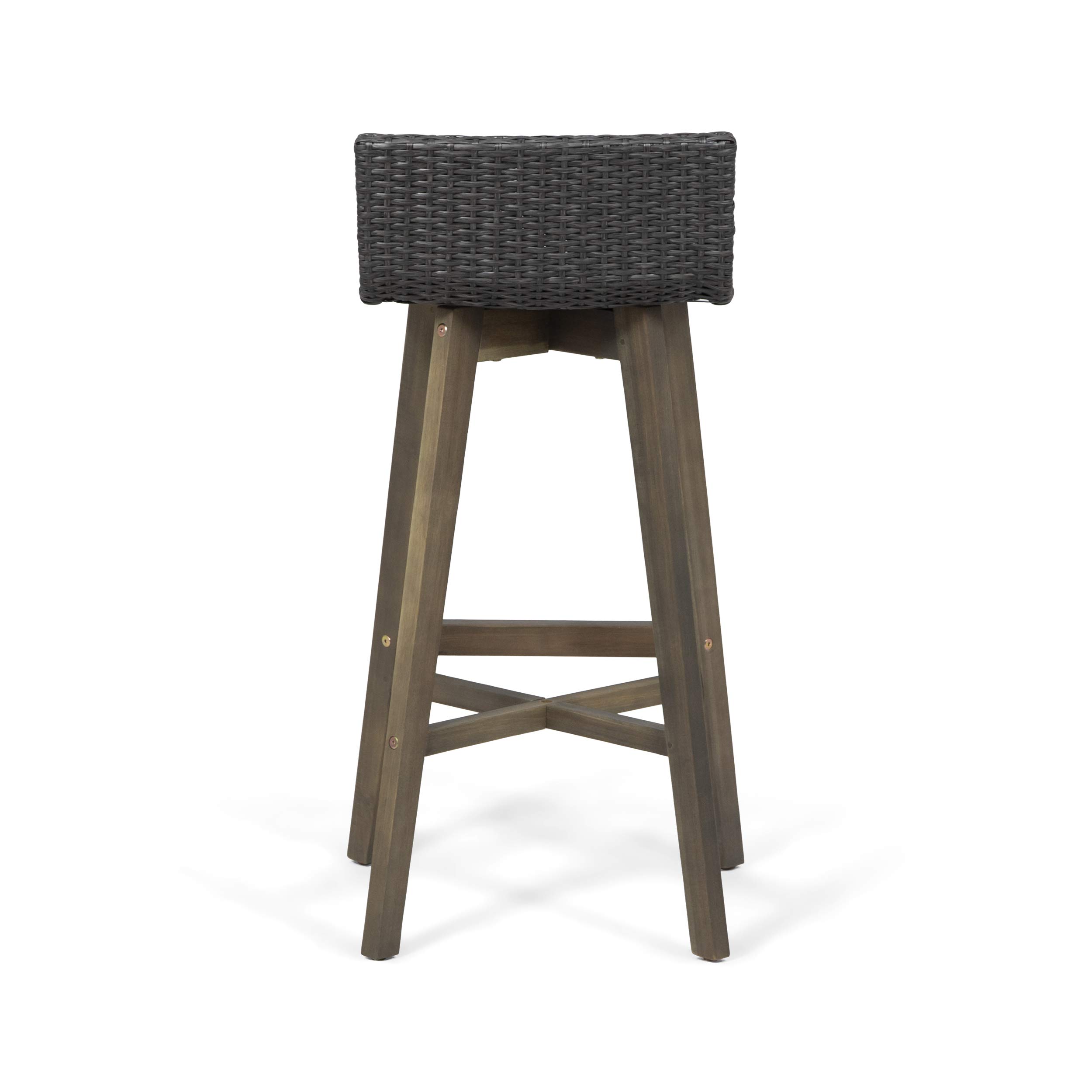 GDFStudio 4-Piece Gray Outdoor Wood & Wicker Bar Stools Set - Weather-Resistant Patio, Poolside & Garden Furniture for Backyard, Deck & Outdoor Dining