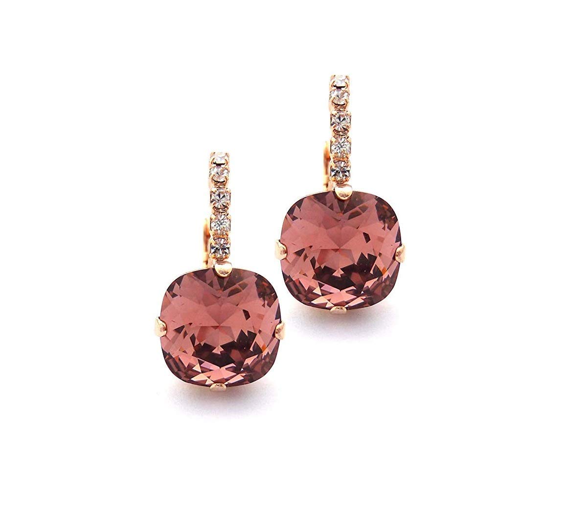 Genuine 12mm Austrian Crystal Blush Rose Cushion Cut Earrings - Rose Gold Finish with Clear Accents | Perfect for Weddings, Date Nights & Special Occasions