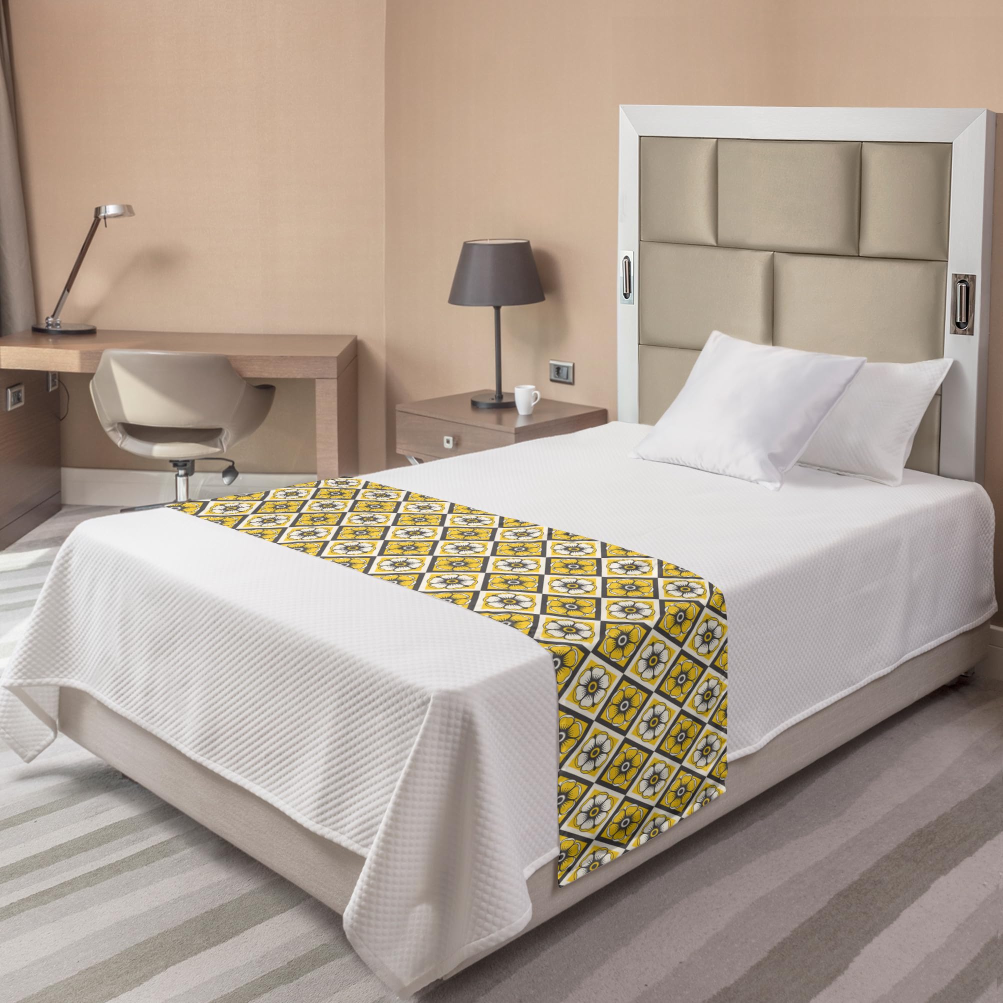 Ambesonne Grey Yellow Bed Runner - Floral Decorative Scarf for Home & Hotel Decor