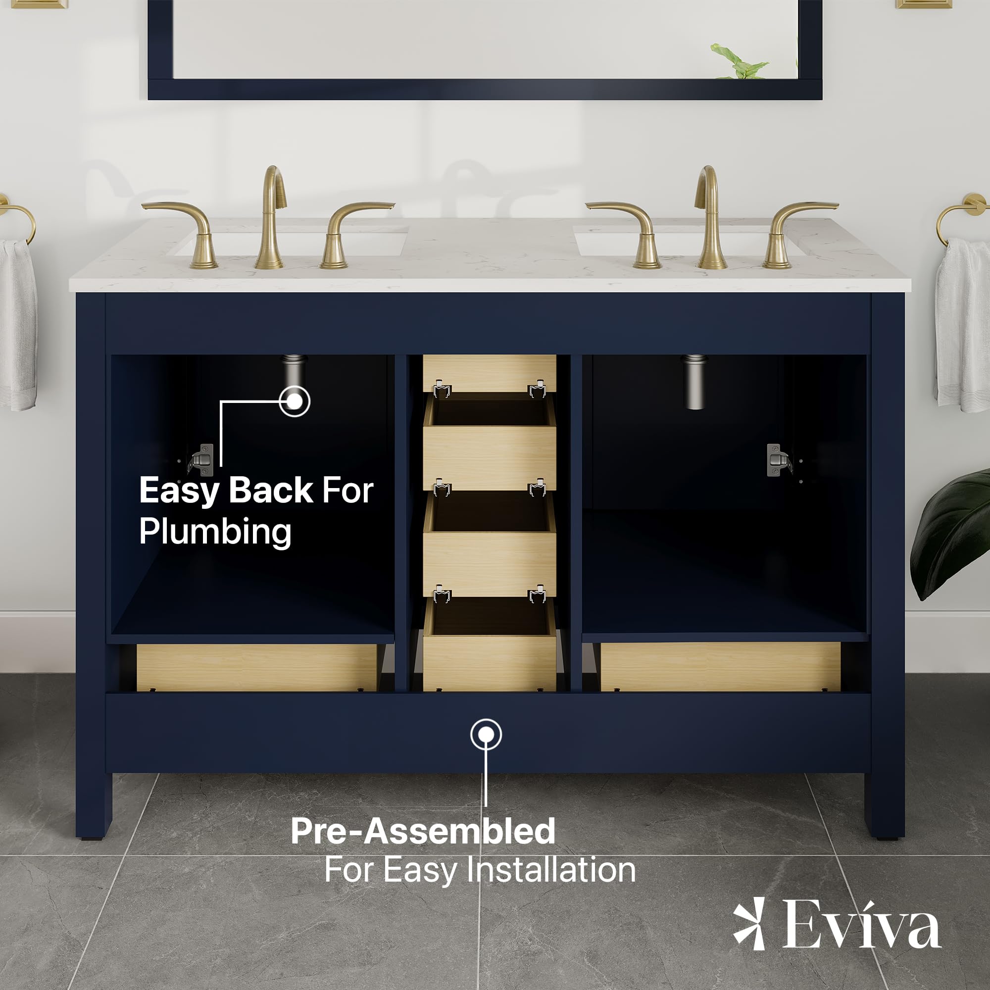 48 Inch Blue Bathroom Vanity with Carrara Quartz Top & Double Sink - Freestanding Vanity Cabinet with Spacious Storage & Wood Countertop - Perfect for Master Bathroom, Guest Bath or Powder Room Remodel