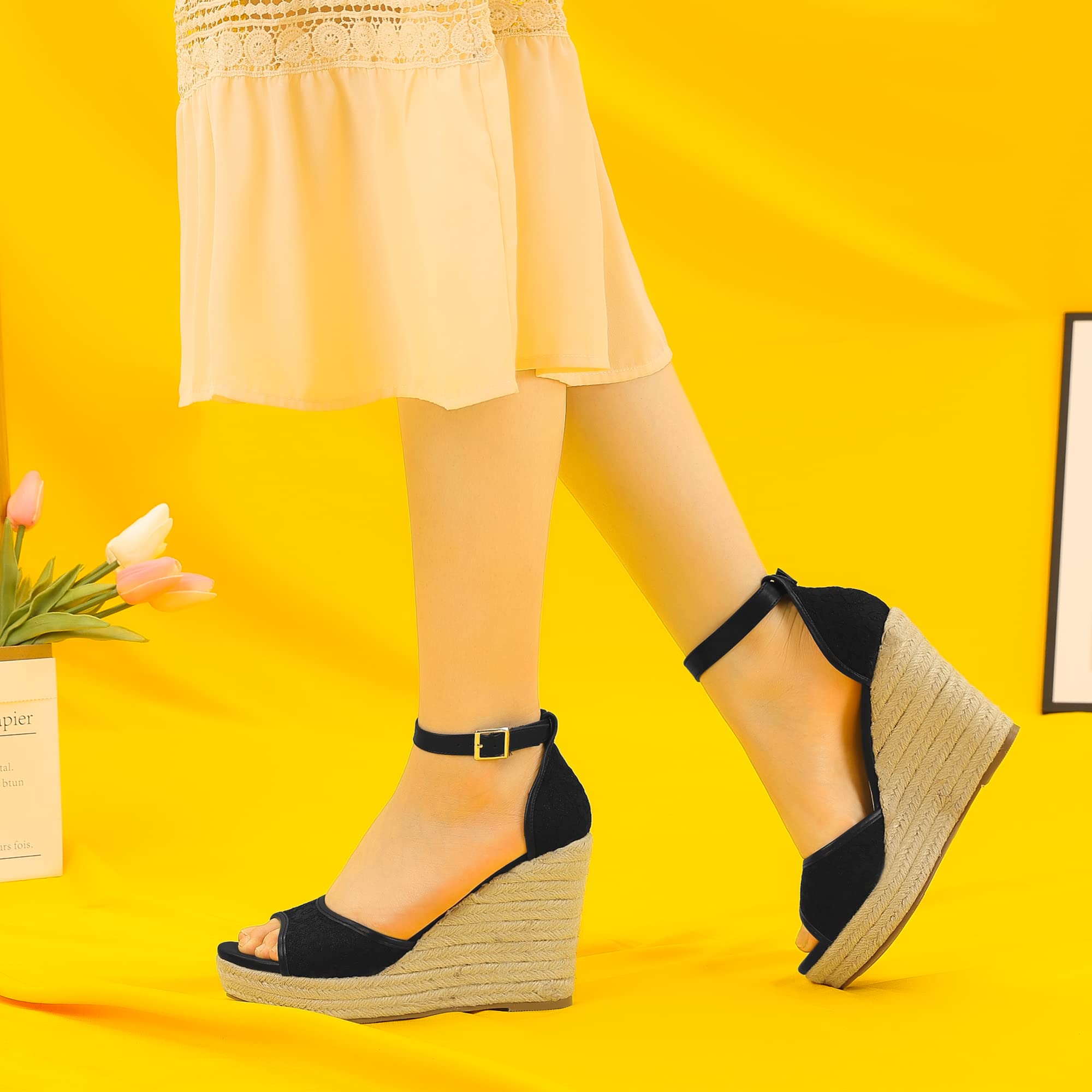 Allegra K Women's Lace Platform Espadrilles Wedge Heel Sandals - Comfortable Summer Beach Wedding Party Shoes