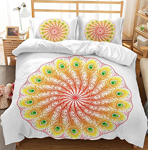 Yellow Peacock Feather Duvet Cover Set King Size - 3 Piece Luxury Bedding with Pillow Shams (No Comforter Included) for Master Bedroom Decor & Bohemian Style Home