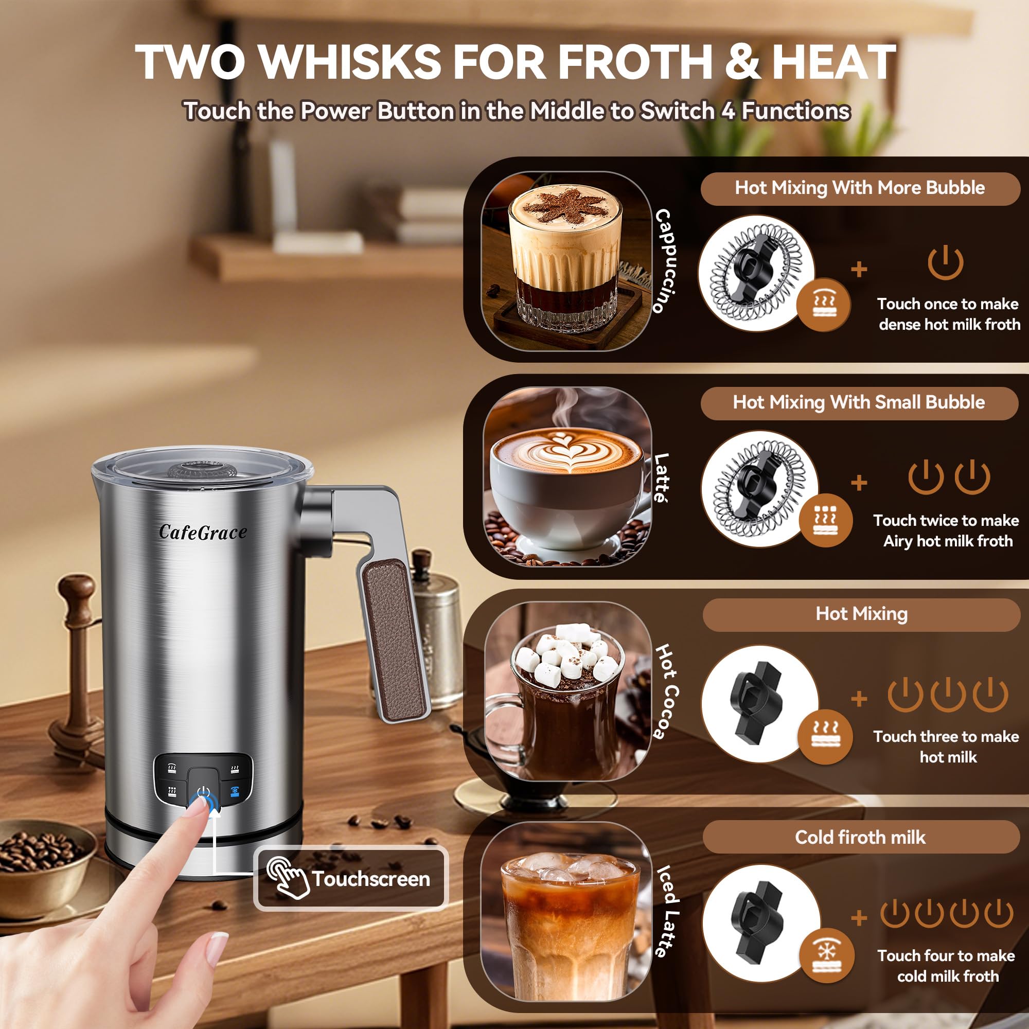 4-in-1 Electric Milk Frother & Steamer with Keep Warm Function - Automatic Hot/Cold Foam Maker for Coffee, Latte, Cappuccino - Perfect for Home Baristas & Coffee Lovers (Ideal for Morning Coffee, Afternoon Tea & Hot Chocolate Drinks)