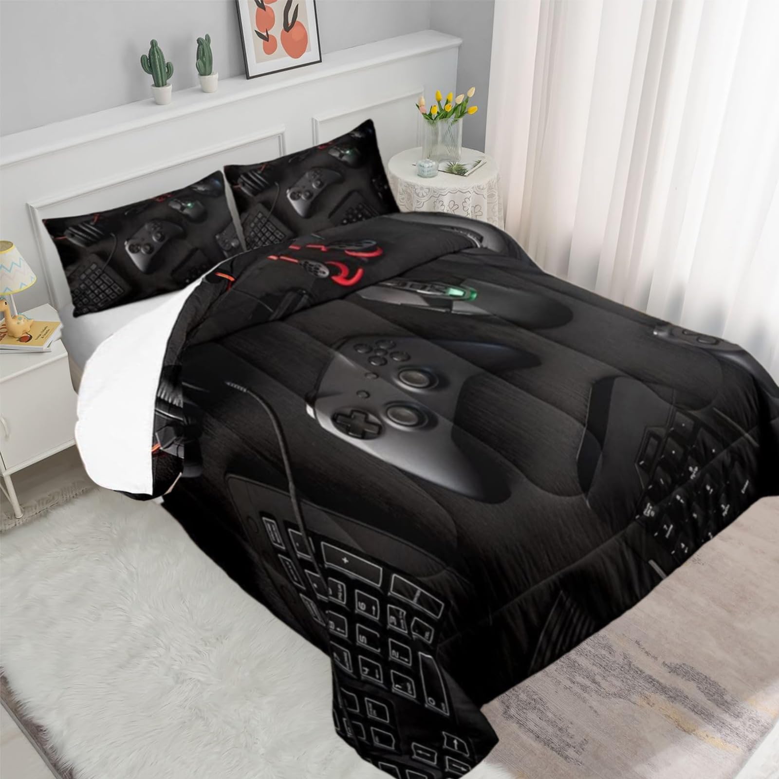 YHXSLY 3D Gaming Comforter Set Twin Size - Microfiber Video Game Bedding for Boys & Kids - Black Gaming Themed Quilt All Season - Perfect for Game Lovers' Bedroom Decor & Teen Gamer Room Setup