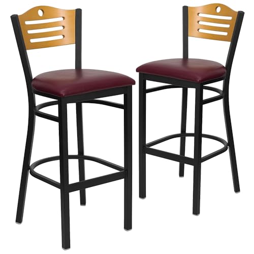 Natural Wood Back/Burgundy Vinyl Seat/Black Metal Frame