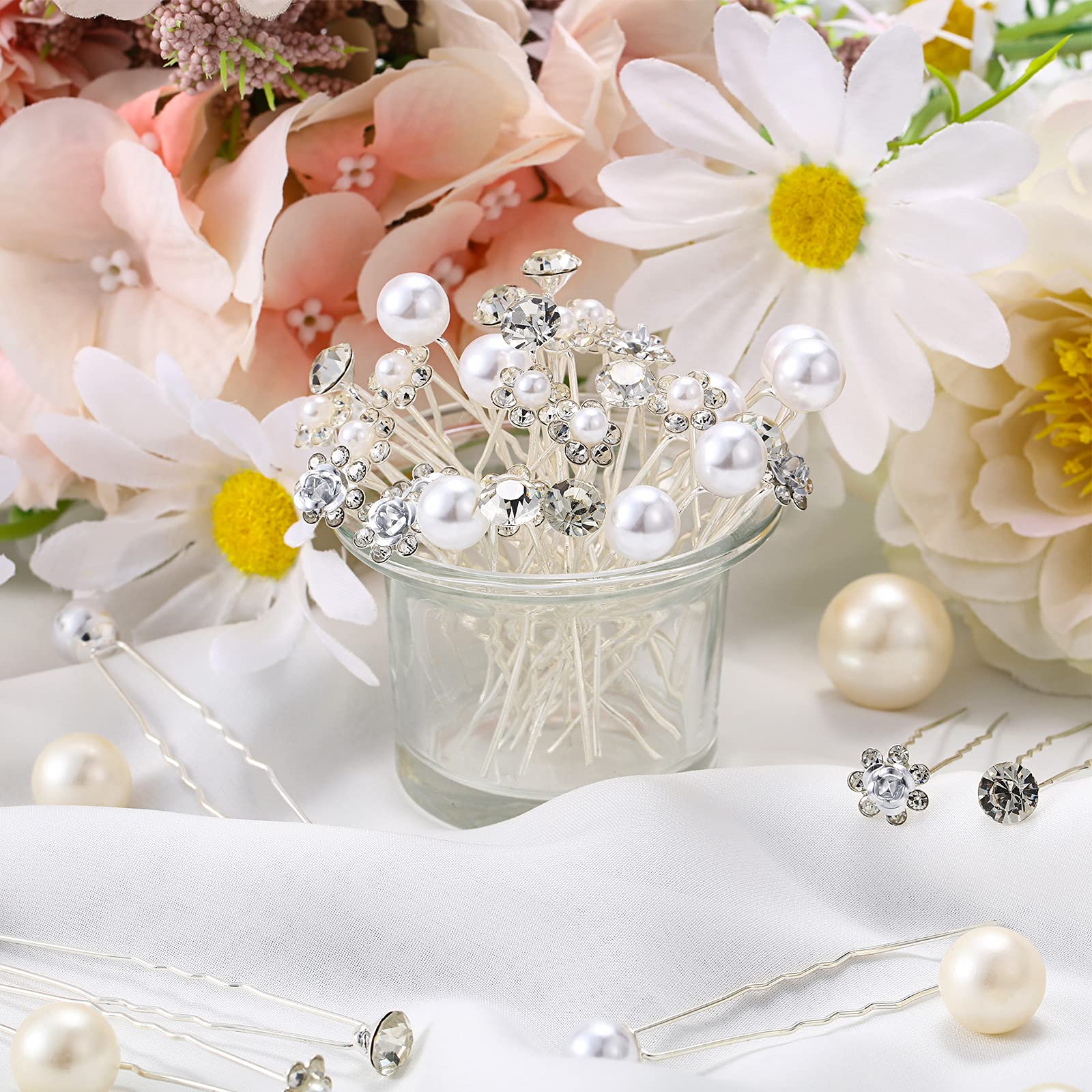 MTLEE 40 Pcs Pearl & Rhinestone U-Shaped Hair Pins for Wedding Bridesmaid Hair Accessories - Elegant Bobby Pins for Bridal Updos, Prom, and Special Occasions