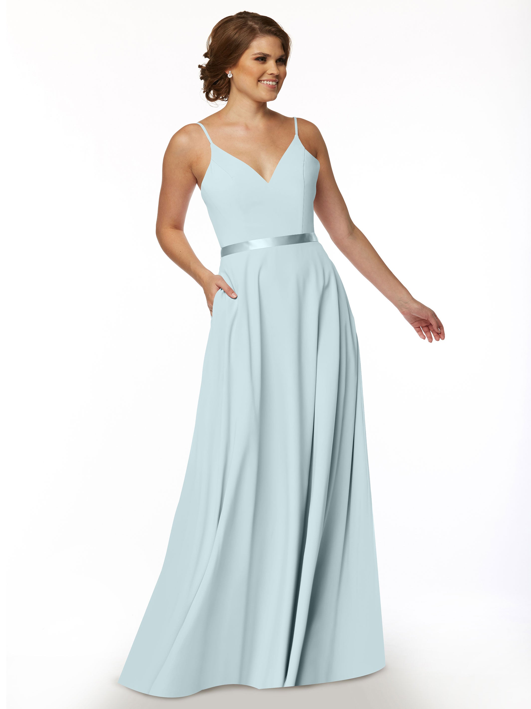 Elegant 80112 Spaghetti Strap Stretch Chiffon A-Line Bridesmaid Dress with Sash - Perfect for Weddings, Formal Events & Special Occasions