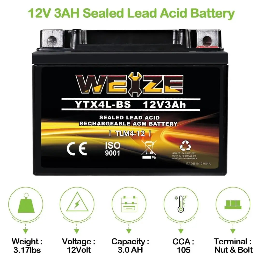 WEIZE YTX4L-BS 12V 3Ah High Performance AGM Sealed Motorcycle Battery - Compatible with Polaris Scrambler, Sportsman 90, Honda NQ50 Spree, Kawasaki 110, Can-Am DS70, Yamaha TTR125E/LE - Perfect for ATVs, Scooters & Dirt Bikes - Maintenance-Free & Long-Lasting Power Solution