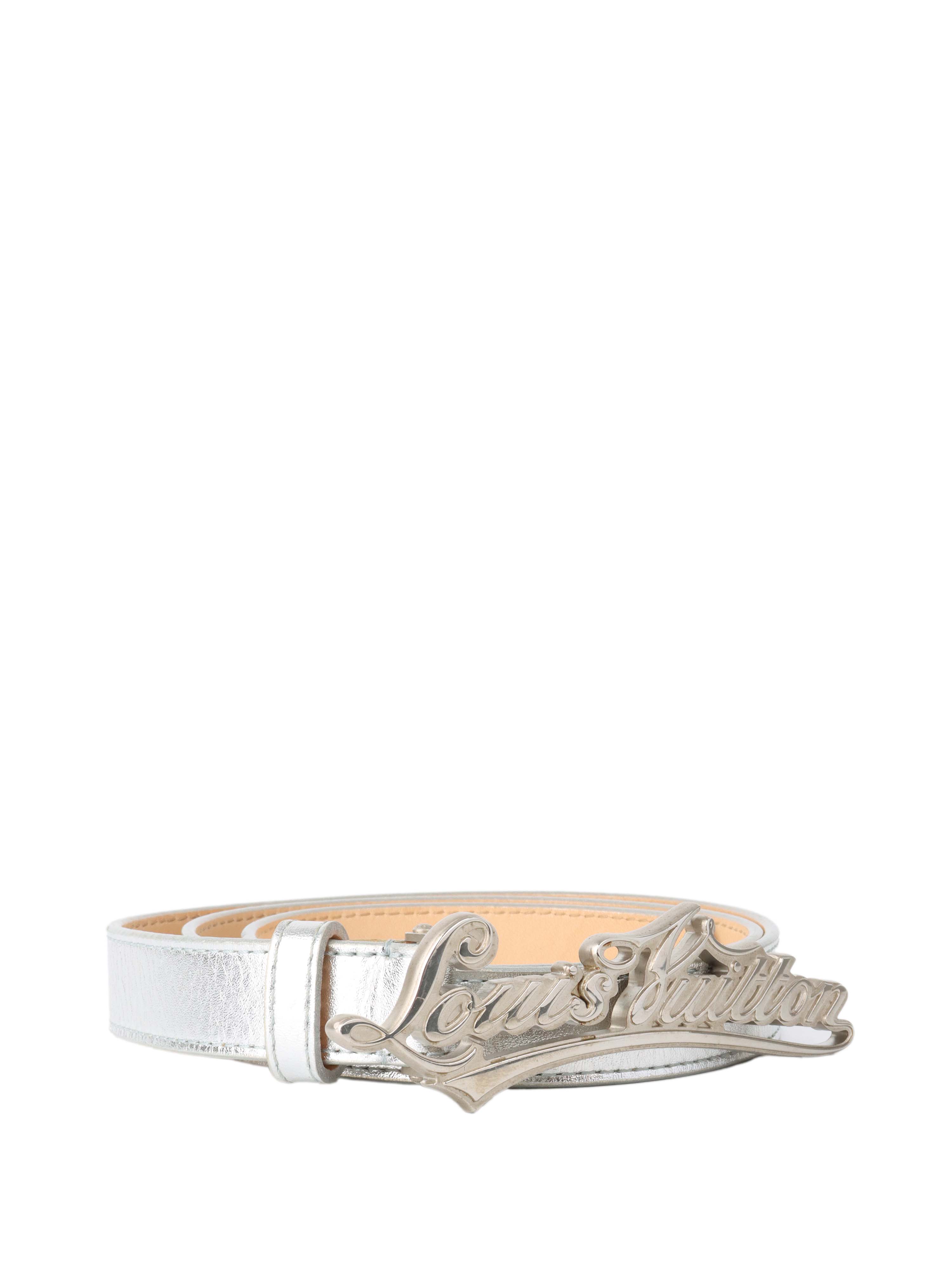 Louis Vuitton Genuine Leather Silver Buckle Script Belt Size 80 - Luxury Fashion Accessory for Men's Formal & Casual Outfits