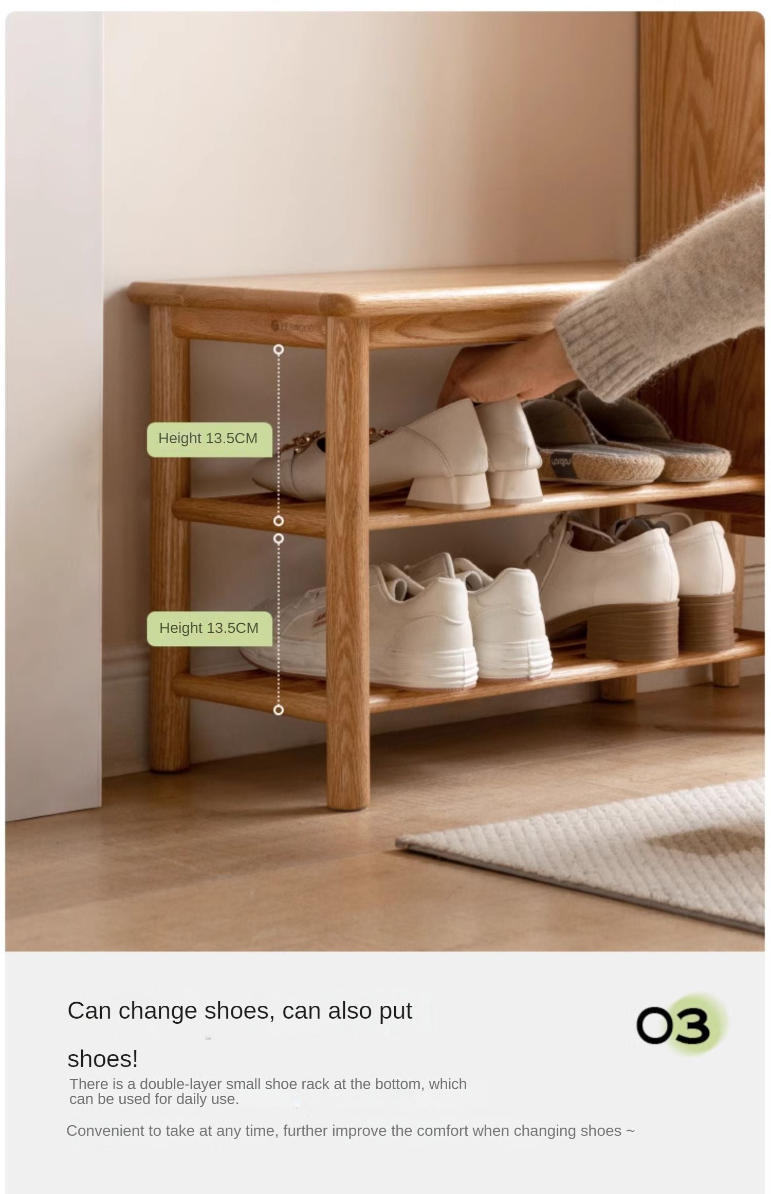 Solid Oak Wood Shoe Bench - Durable Entryway Stool for Putting On Shoes, Boots & Sneakers - Perfect for Hallway, Bedroom or Mudroom Organization