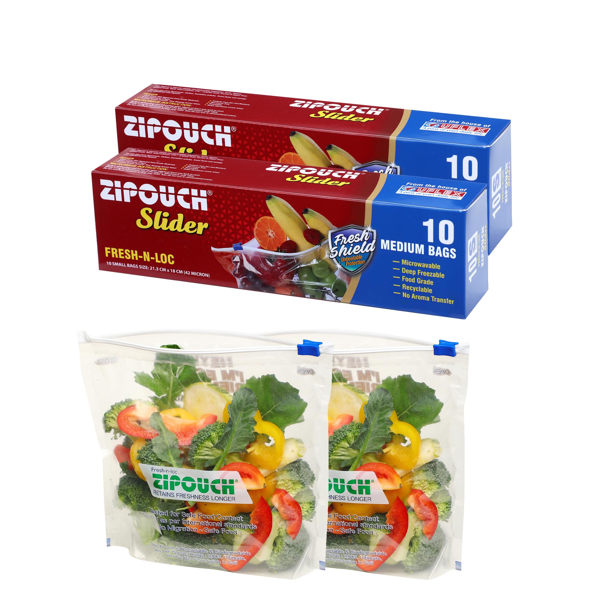 ZIPOUCH Reusable Plastic Food Storage Bags with Slider Seal - Medium Size 26x28cm, Microwave Safe, Washable, Transparent (Pack of 20, 2 Boxes) - Perfect for Meal Prep, Snacks, Leftovers & Freezer Storage