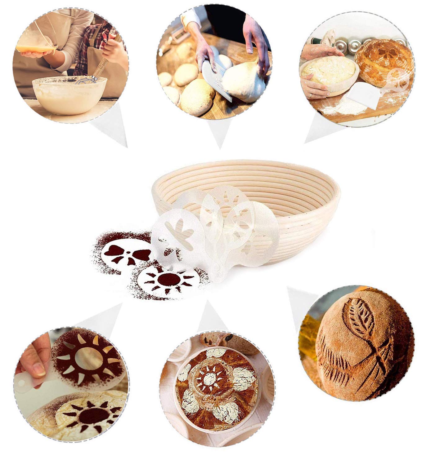 CHUSSTANG Round Bread Proofing Basket - Natural Rattan Banneton Brotform for Sourdough Baking | Includes Cloth Liner, Bread Bag, Lame, Dough Scraper & Decor Stencils | Perfect for Artisan Bread Making, Home Baking & Professional Bakeries