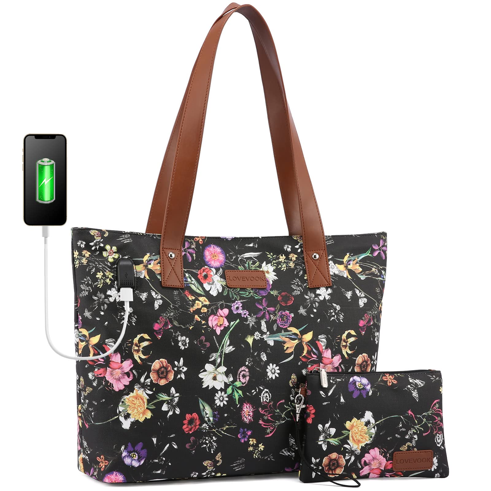 LOVEVOOK Lightweight Laptop Shoulder Tote Bag for Women - Stylish Work & School Bag Fits 15.6 Inch Laptop, 2-Piece Set - Perfect for Office, College, Travel & Daily Commute
