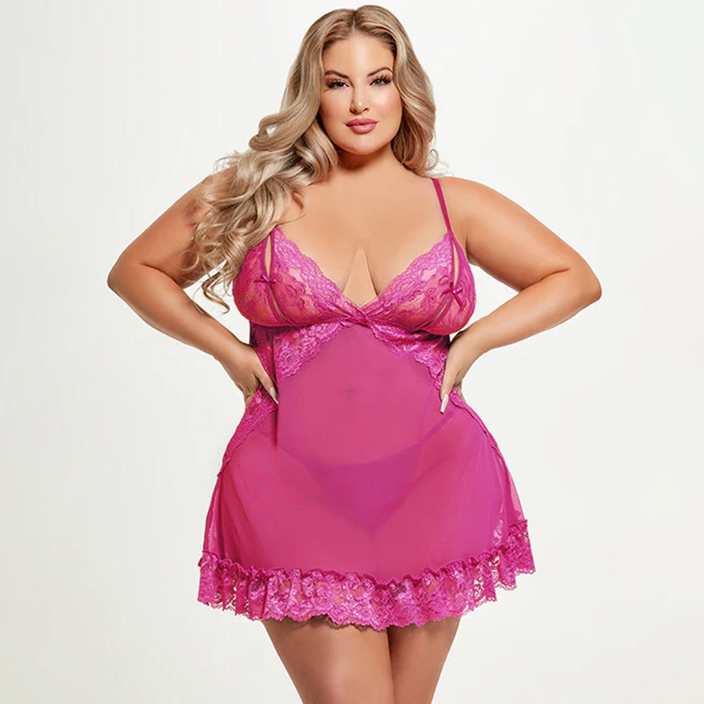 House of Desire Harlow Sheer Lace & Mesh Split Cup Babydoll for Curvy Women - Sexy Lingerie for Date Night & Boudoir Photography