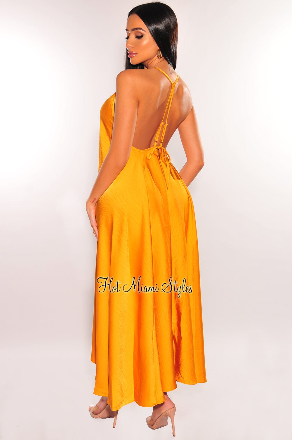 Honey Gold V-Neck Spaghetti Strap Maxi Dress for Women - Elegant Summer Beach Wedding Party Wear