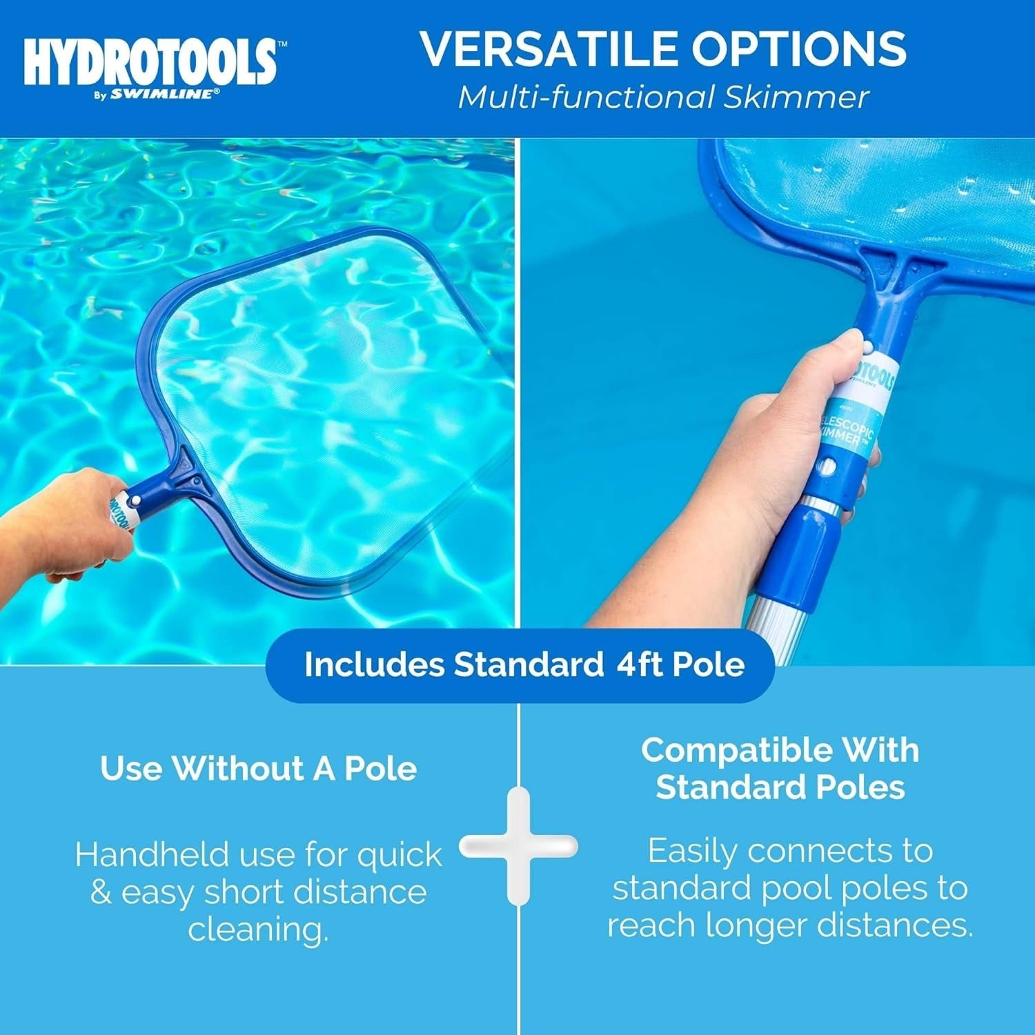 4' Adjustable Telescopic Pool Skimmer Net - Heavy Duty Stainless Steel Mesh for Leaves & Debris - Perfect for Above Ground & Inground Pool Cleaning
