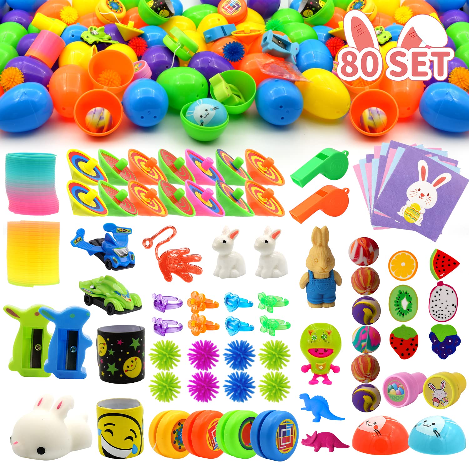 80 Pack Plastic Easter Eggs with Mini Surprise Toys Inside – Perfect for Easter Egg Hunt, Basket Stuffers & Party Favors – Fun Kids' Easter Activity & Gift Idea