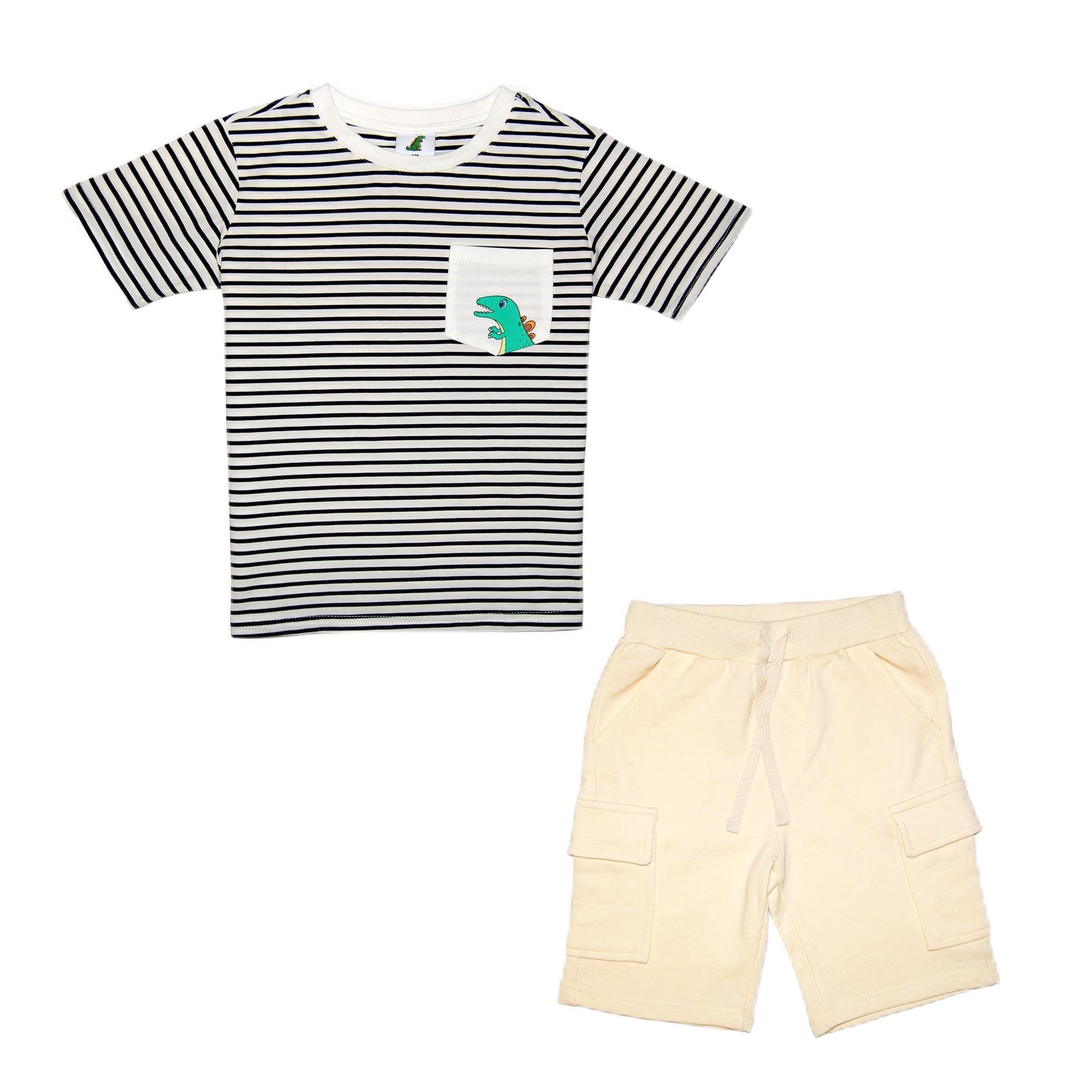 Dinosaur Striped Cotton Boys' Toddler Clothing Set - Soft Summer Outfit for Kids in White & Navy - Perfect for Playdates, Daycare & Outdoor Adventures