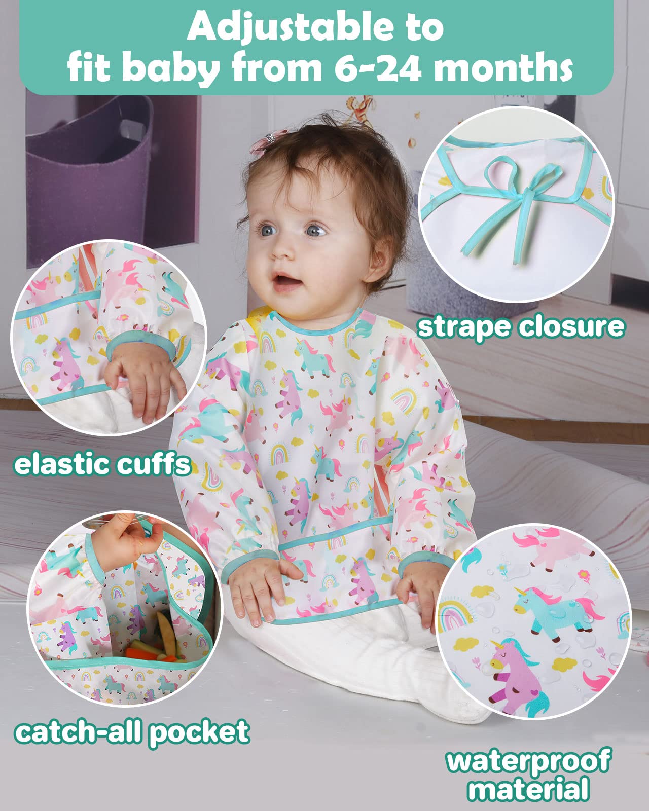 Lictin 3 Pack Baby Bibs for Boys & Girls - Waterproof Long Sleeve Toddler Bibs with Cute Designs - Perfect for Feeding, Mealtime & Messy Play