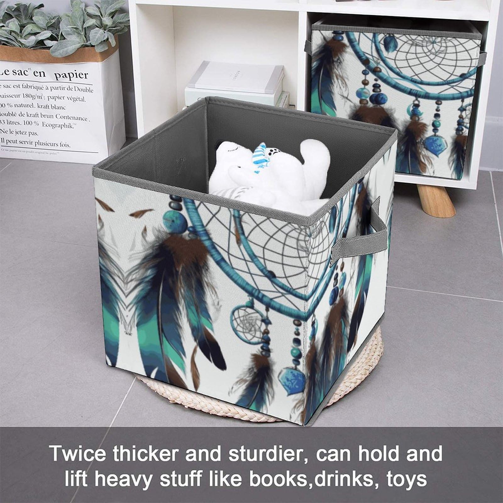 Large Collapsible Storage Bins with Handles - 10.6x10.6x10.6 Inch Dream Catcher Design Closet Organizers for Home & Office - Perfect for Toys, Blankets, Books & Seasonal Decor Organization