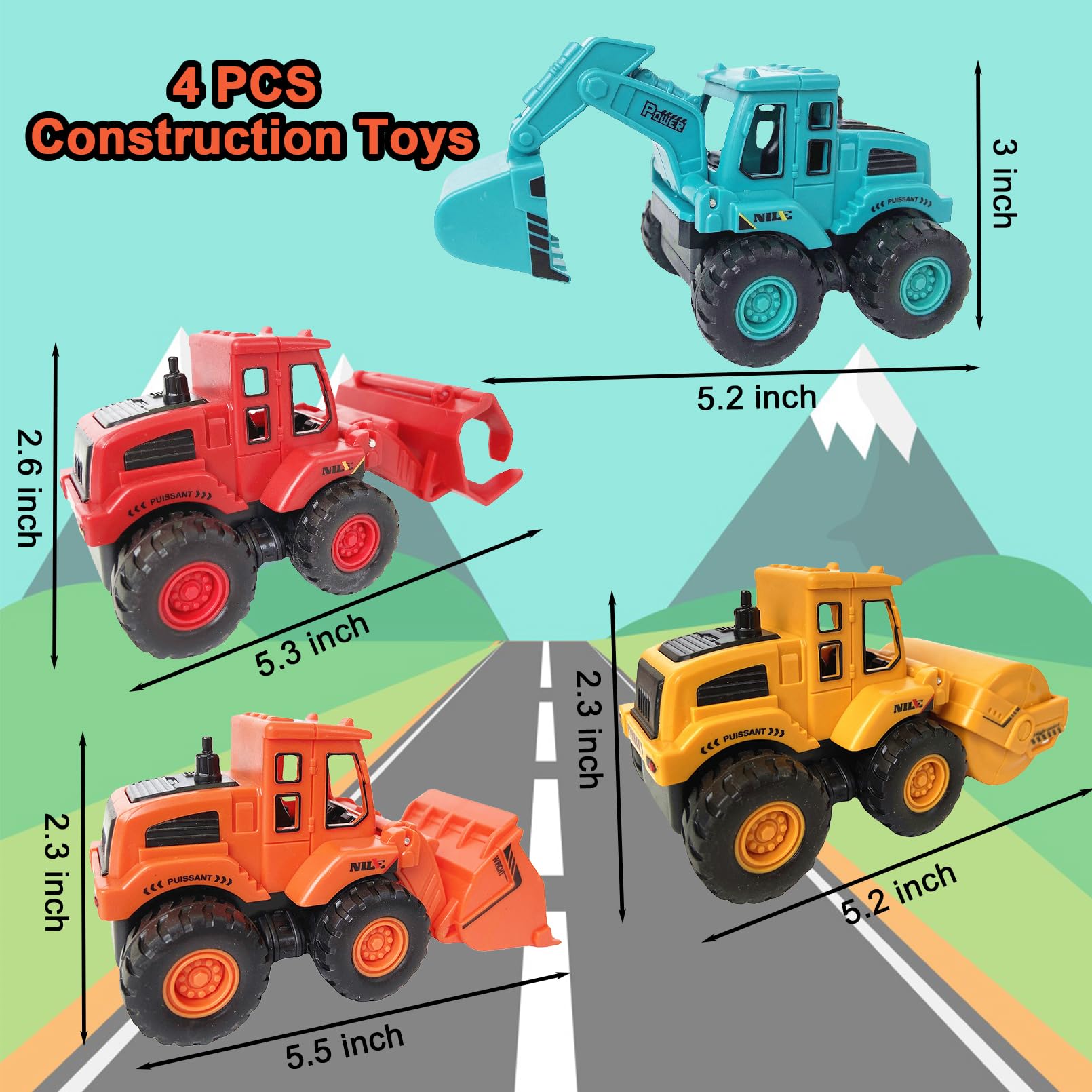 4PCS Construction Vehicle Toys Set - Friction Powered Mini Bulldozer, Excavator, Roller & Dump Truck - Fun Sand Play & Educational STEM Toys for Kids Boys Girls - Perfect for Birthday Gifts & Indoor/Outdoor Playtime